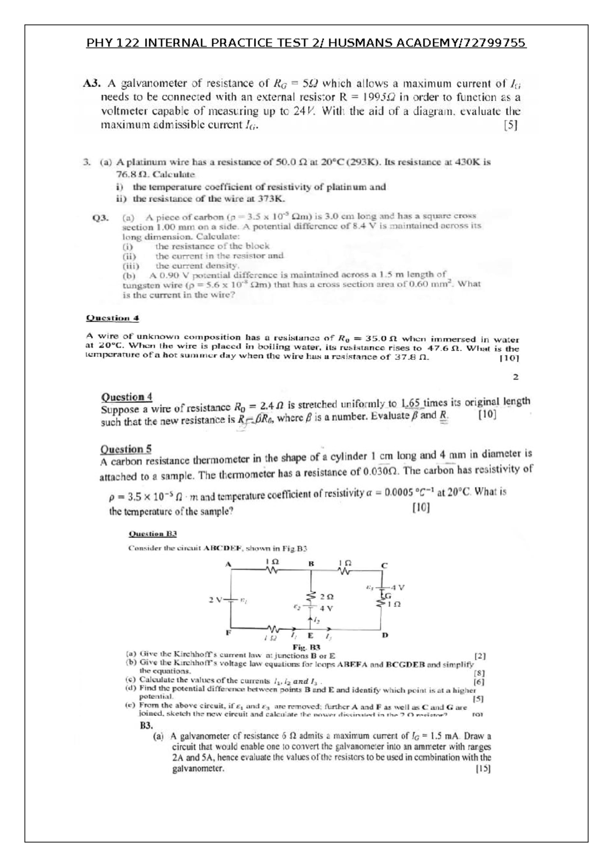 PHY 122 Practice Test 2: Galvanometer and Circuit Analysis - Studocu