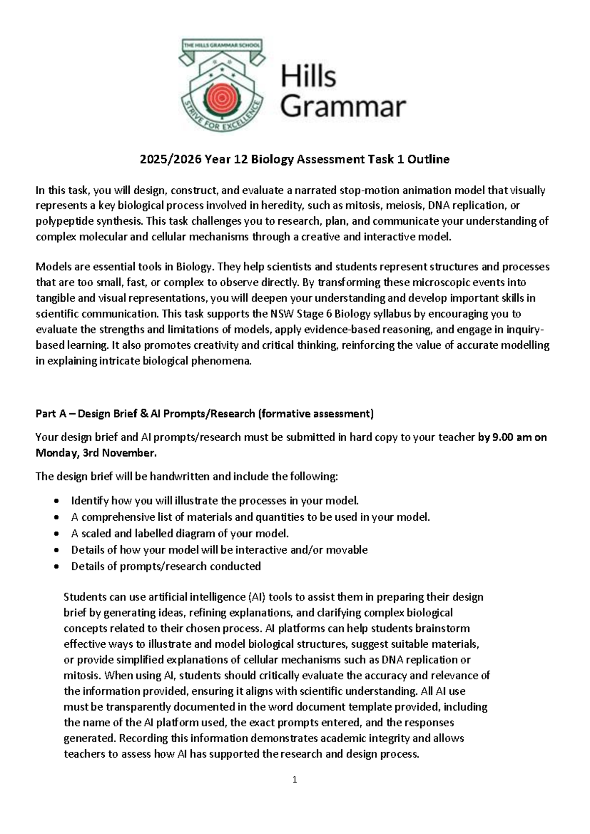 Year 12 Biology AT1: Mitosis & Meiosis Model Design Brief - Studocu