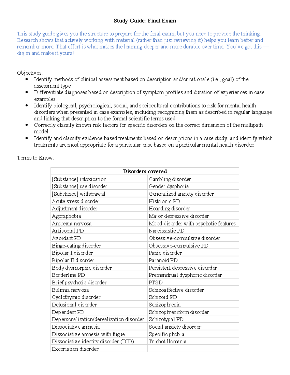 Final Exam Study Guide: Clinical Assessment & Disorders (PSY 101) - Studocu