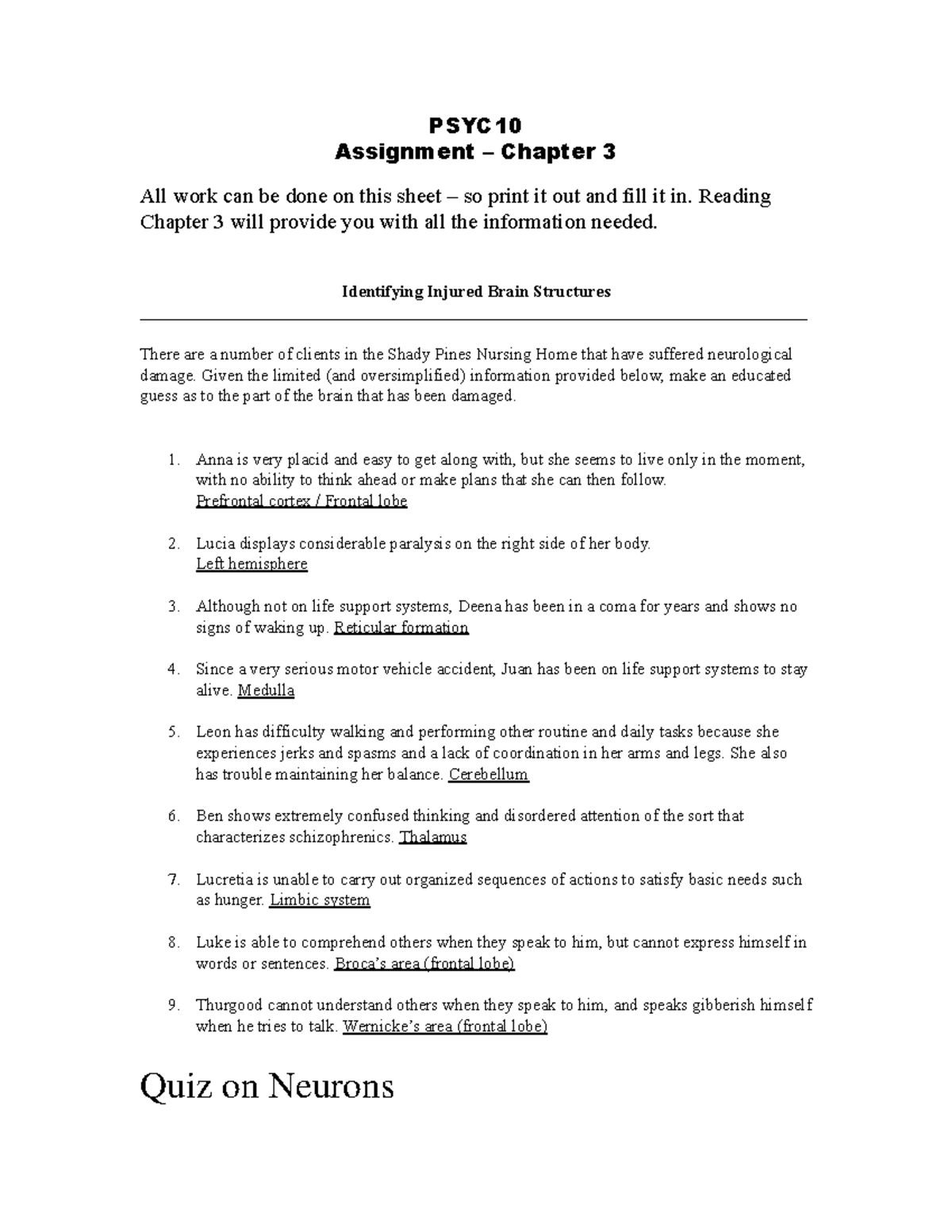 PSY101 - Chapter 3 Assignment: Brain Structures & Neurons Quiz - Studocu
