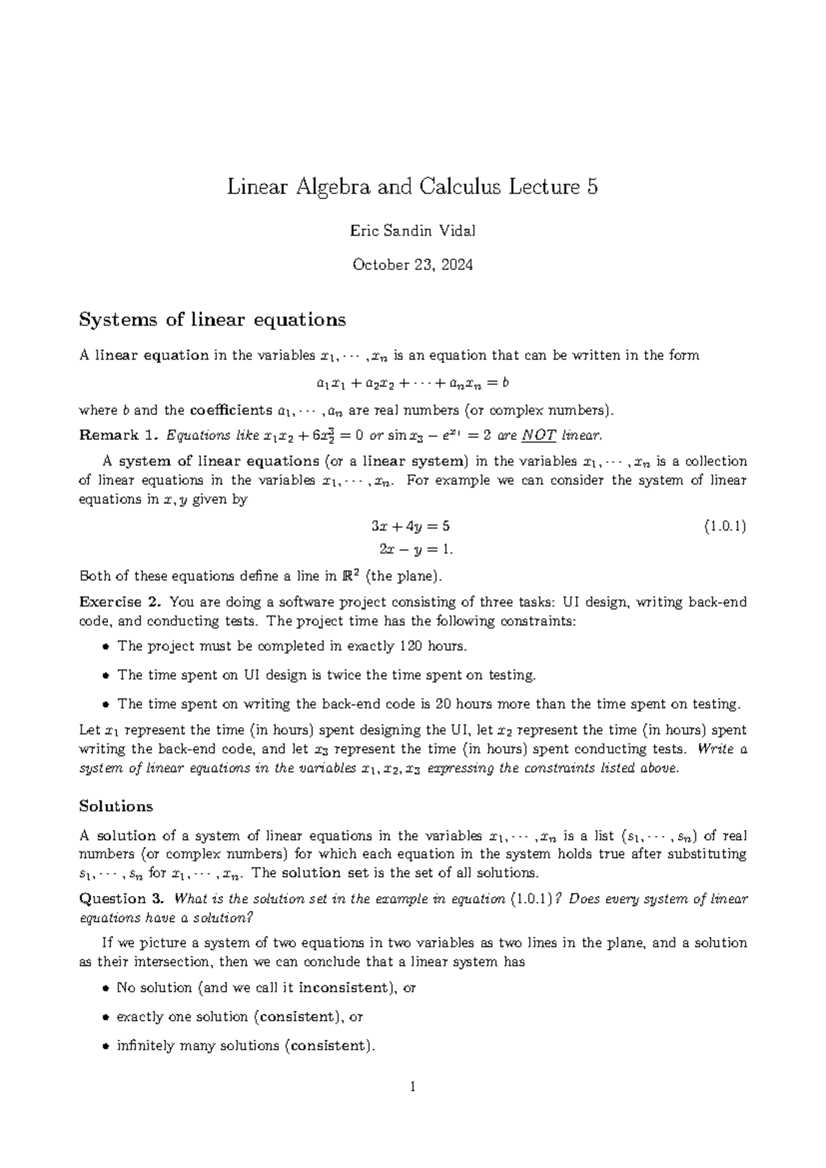 Linear Algebra and Calculus Lecture 5: Linear Systems Notes (MATH 101 ...