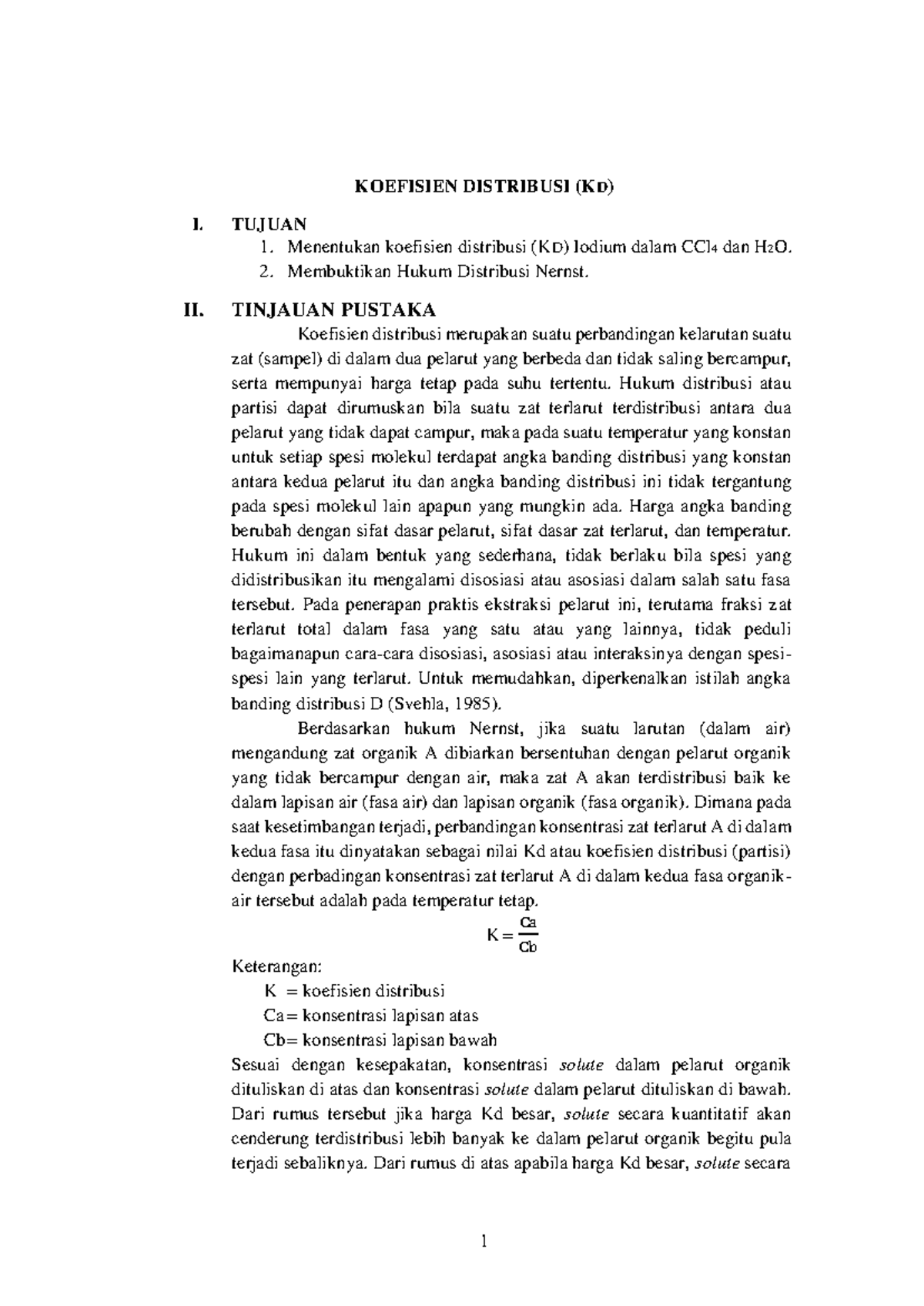 Final Exam Notes on Koefisien Distribusi (KD) in CCl4 & H2O - Studocu