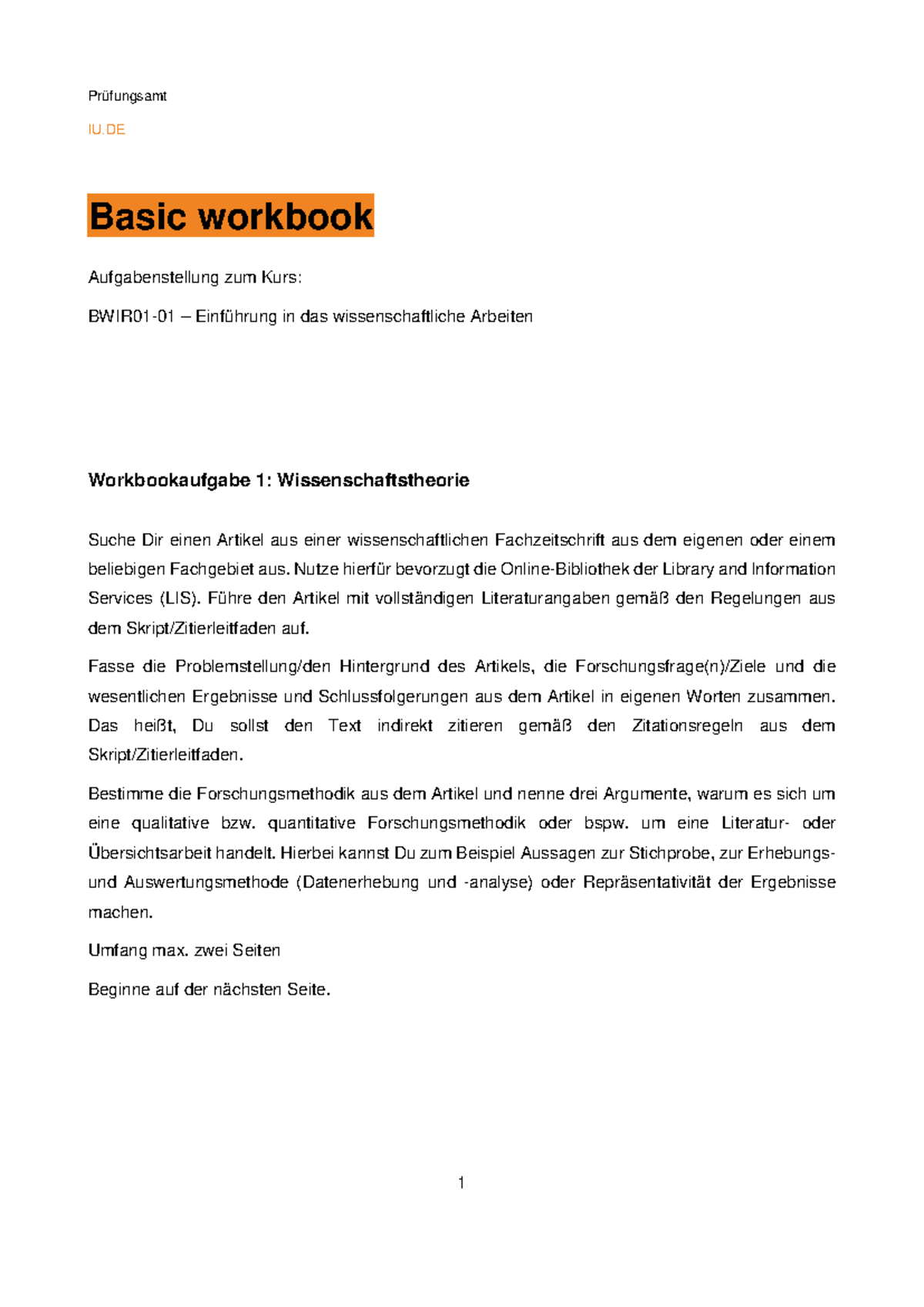 Aufgaben Wissenschaftliches Arbeiten - IU Basic workbook ...