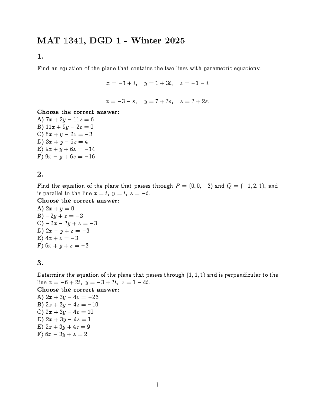 MAT 1341 DGD 1 Winter 2025 - Plane and Line Equations Questions - Studocu