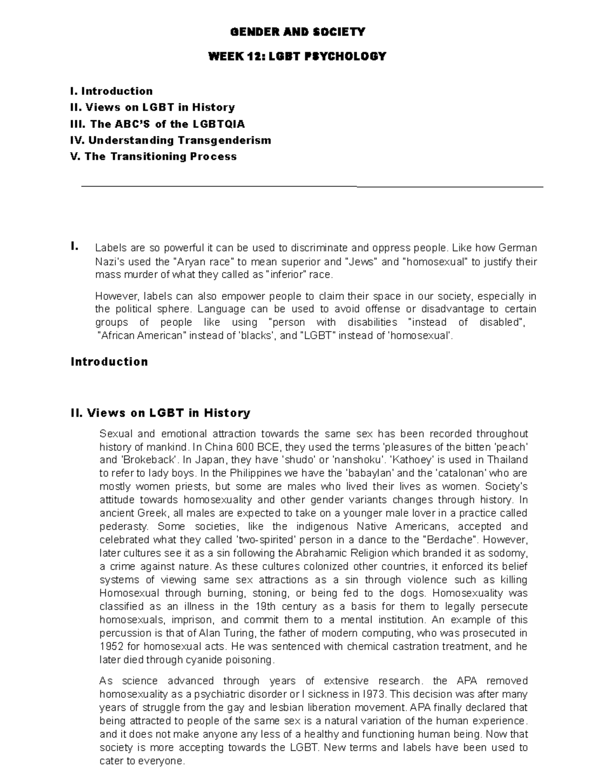GENDER AND SOCIETY WEEK 12: LGBT PSYCHOLOGY AND TRANSITIONING PROCESS ...