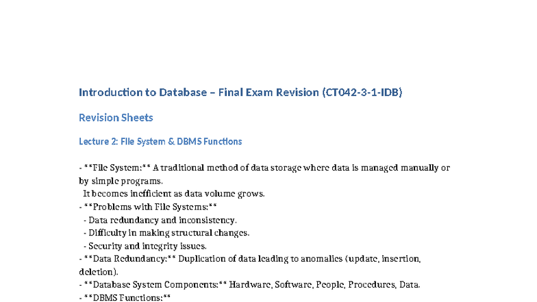 Introduction to Database DBMS Final Exam Revision Notes - Studocu