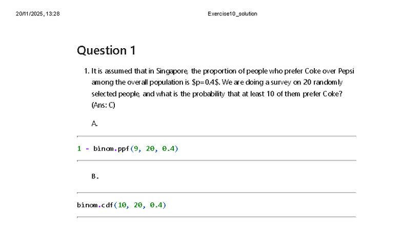 Exercise 10 Solutions for Probability and Statistics (Course Code: 13: ...