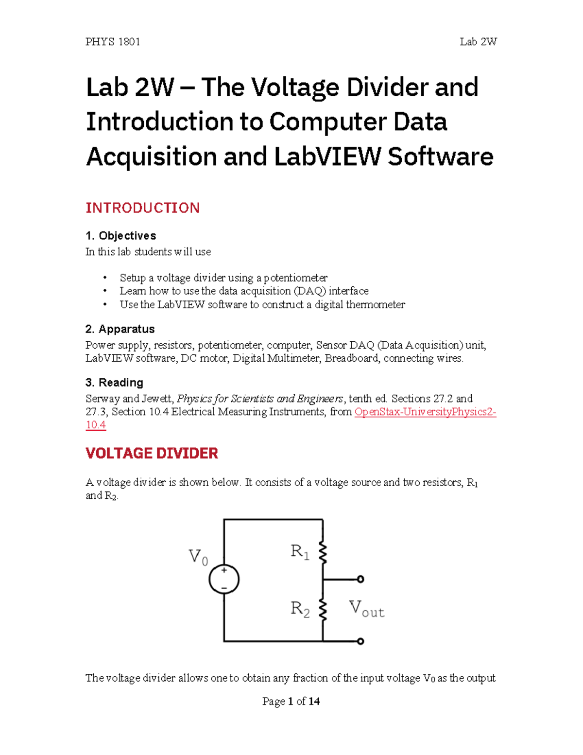 PHYS 1801 Lab 2W: Voltage Divider & DAQ with LabVIEW Introduction - Studocu