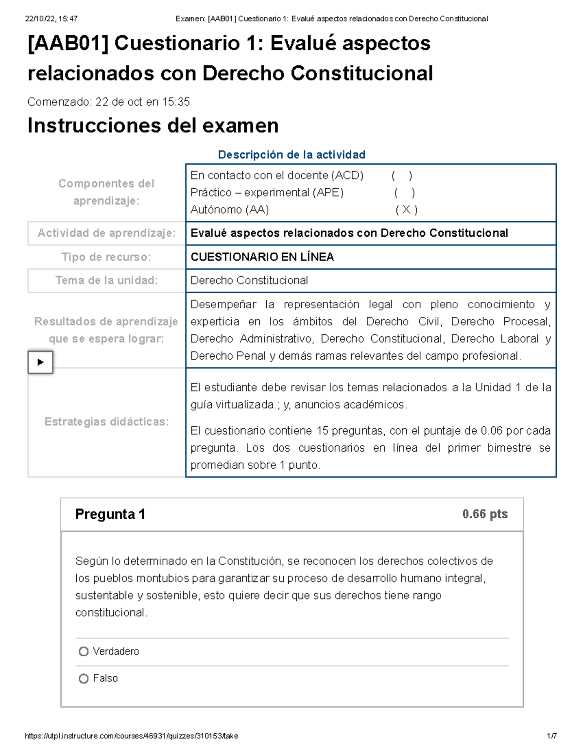 Examen [AAB01] Cuestionario 1 Evalué aspectos relacionados con Derecho ...