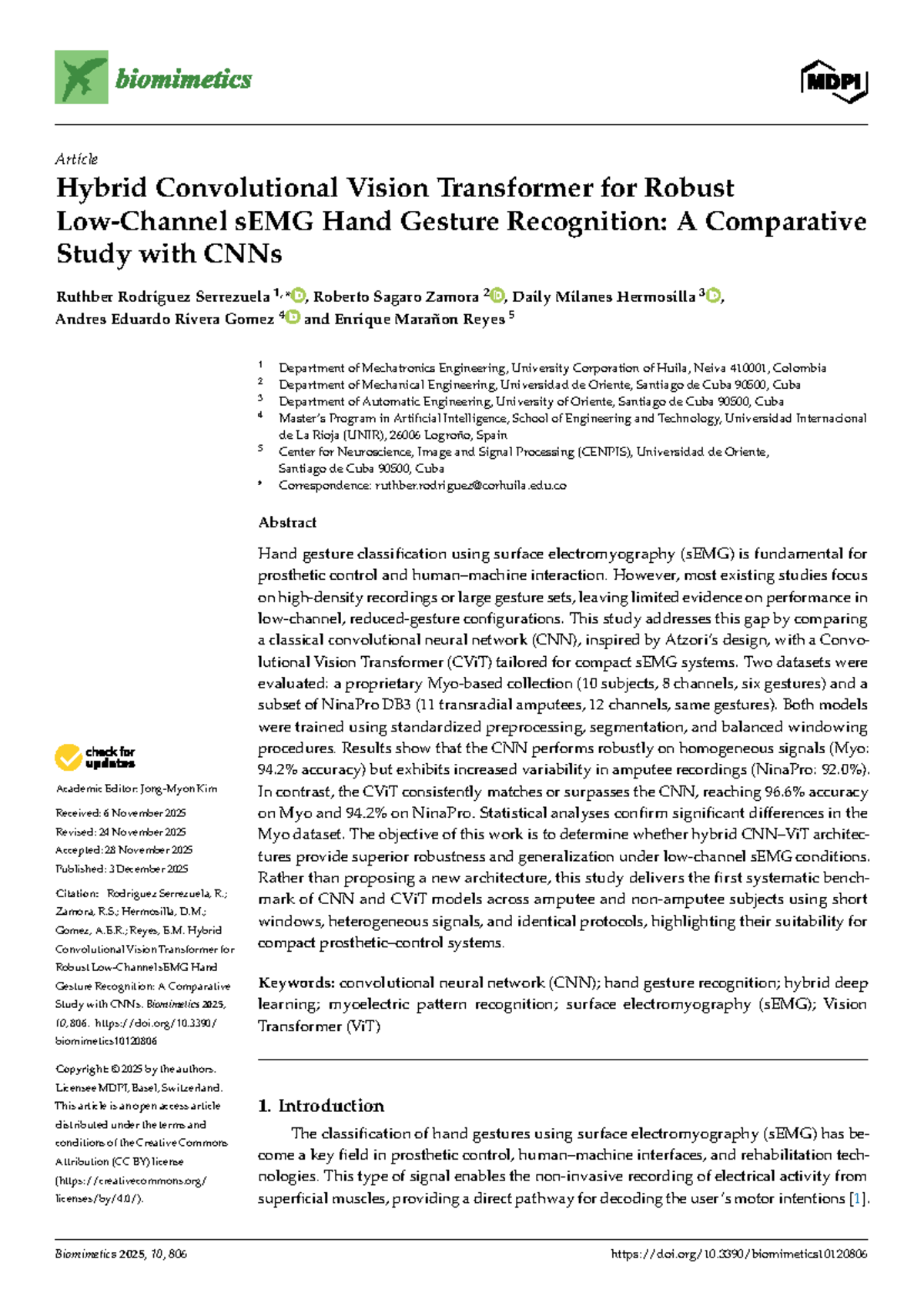 Hybrid Convolutional Vision Transformer for Low-Channel sEMG Hand ...