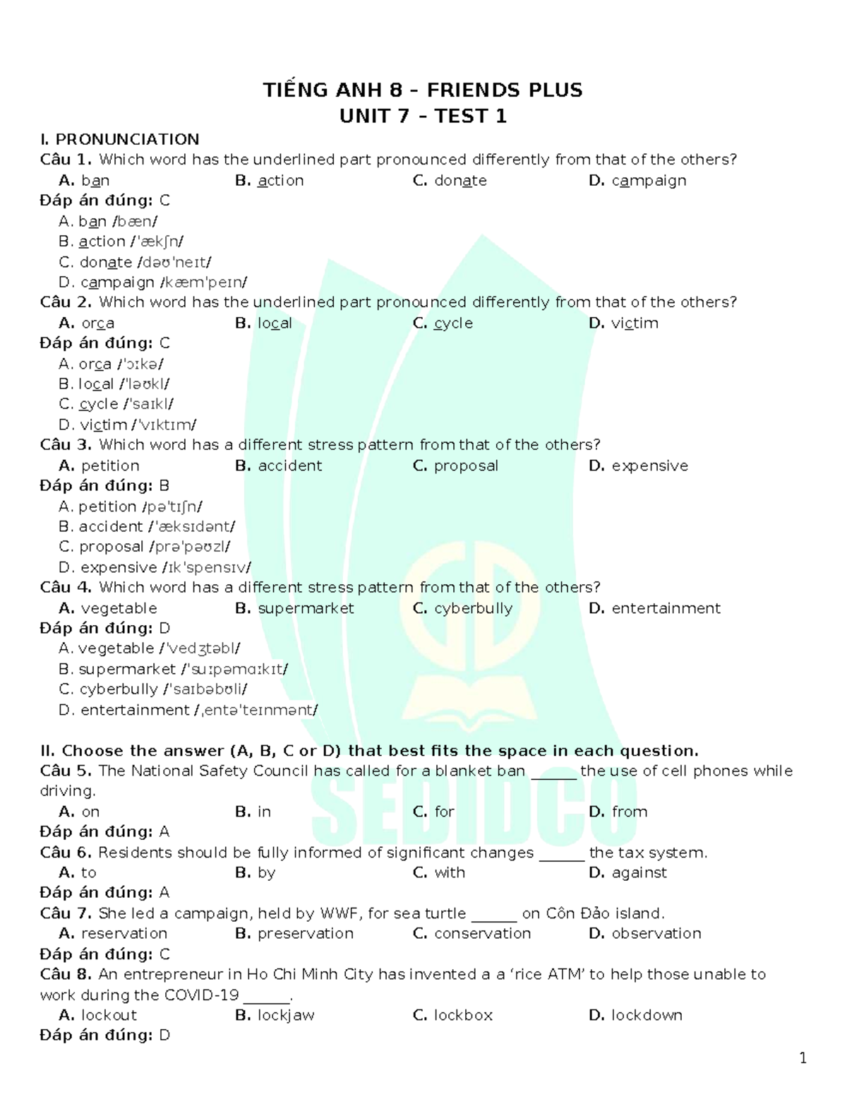 TIẾNG ANH 8 FRIENDS PLUS UNIT 7 TEST 1 ANSWER KEY - Studocu