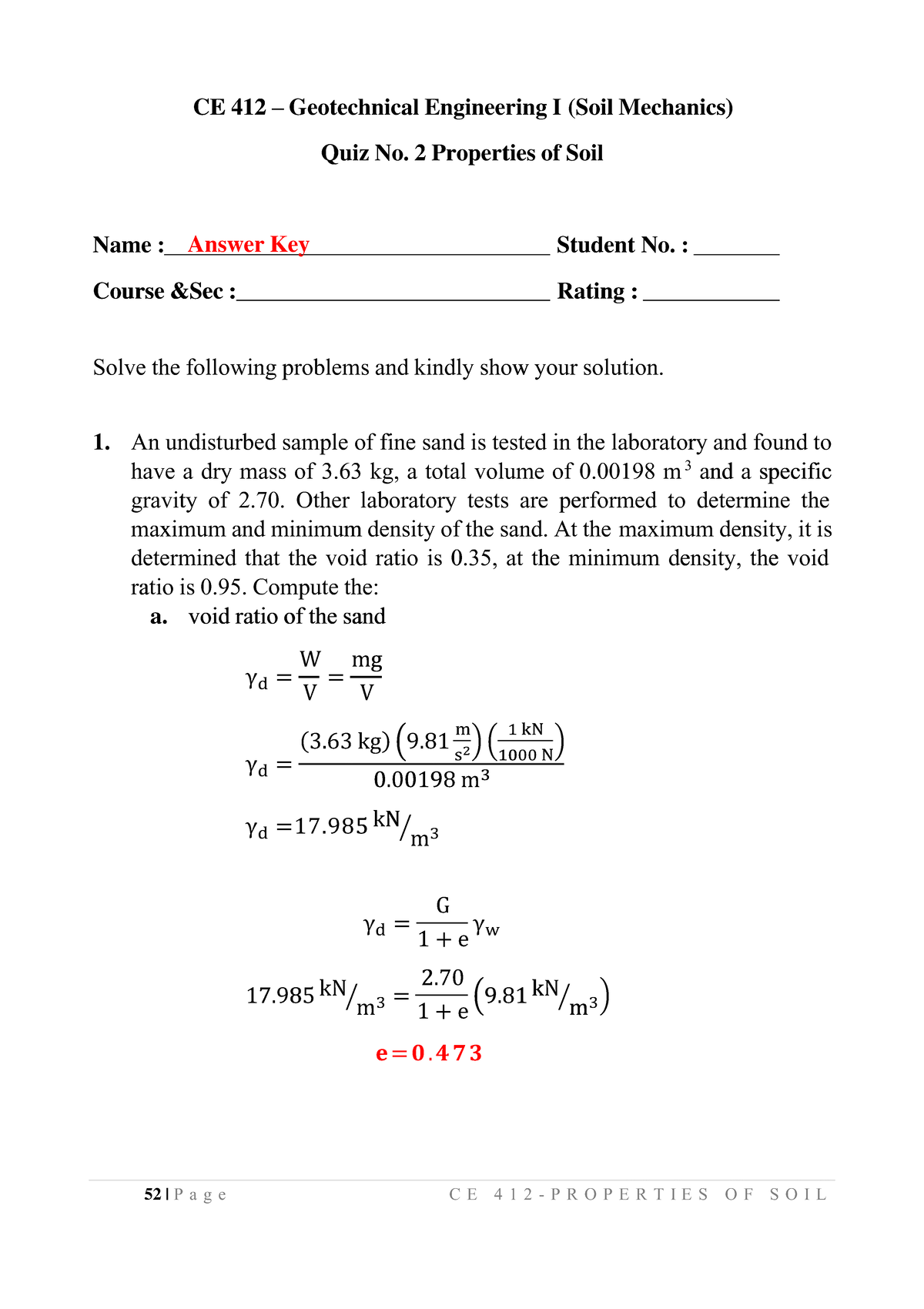 CE 412 Geotechnical Engineering I Quiz No. 2: Properties of Soil ...