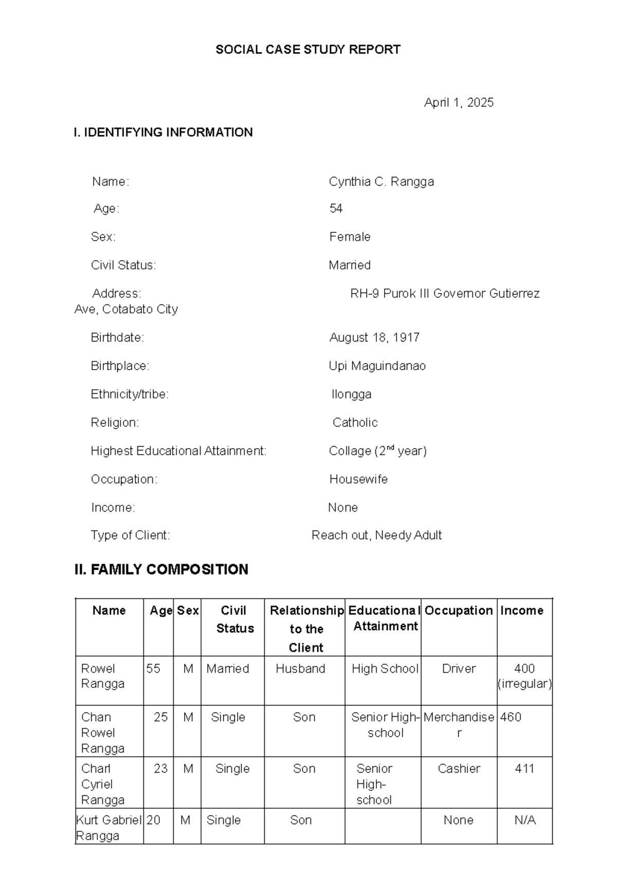SOCIAL CASE STUDY REPORT: Medical & Financial Support for Cynthia C ...