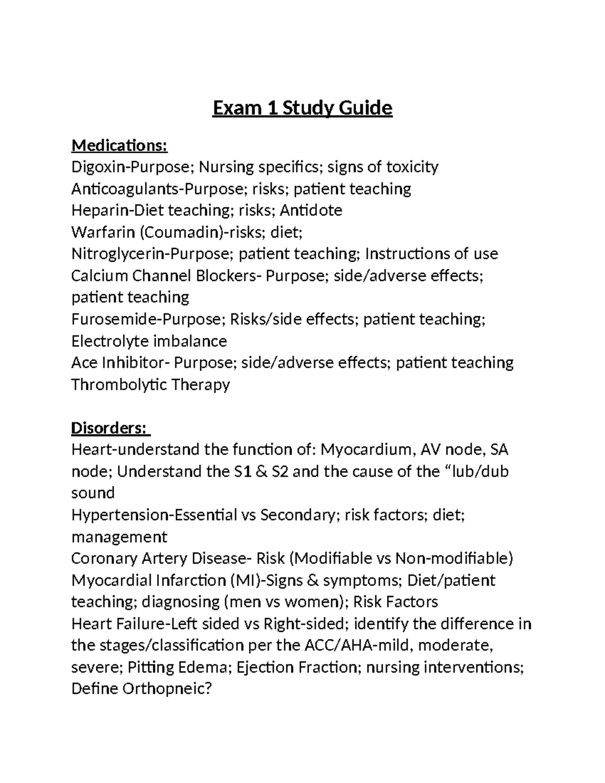 Exam 1 Study Guide: Medications & Cardiac Nursing Concepts - Studocu