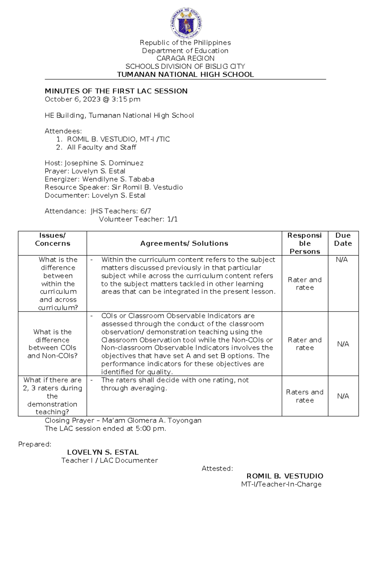 1st LAC Session Minutes - RPMS-PPST, October 6, 2023 - Studocu