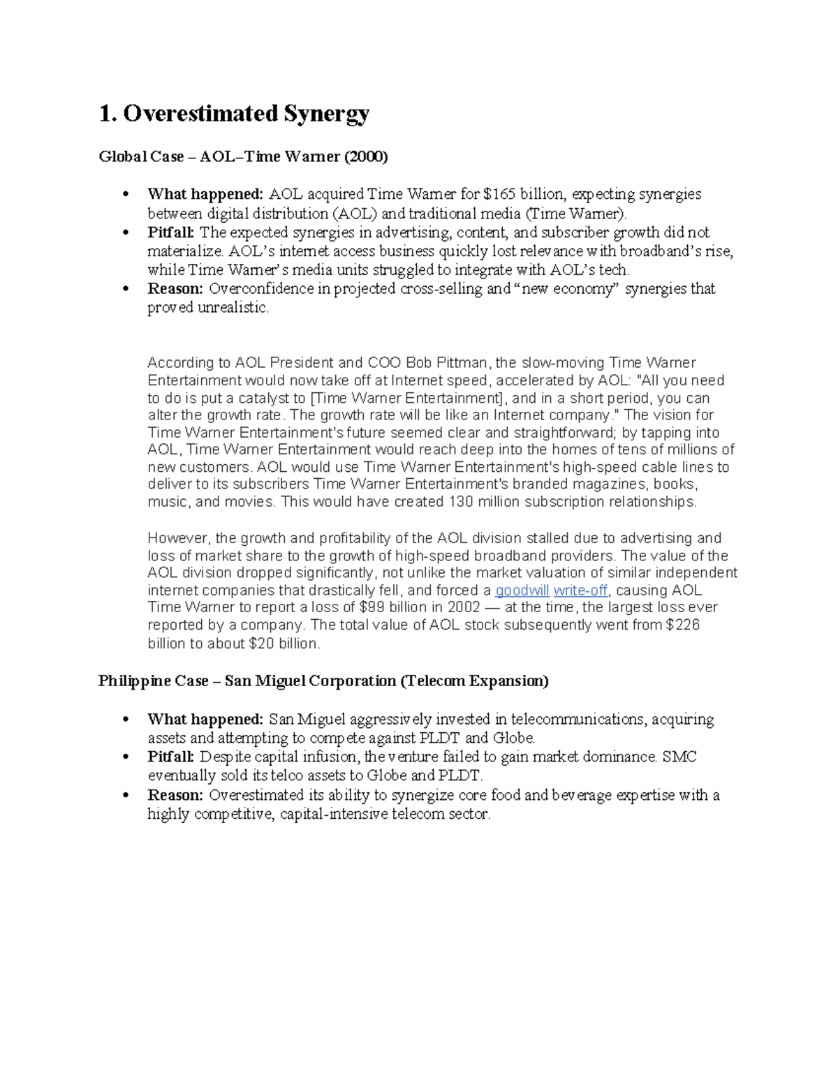 1. Overestimated Synergy: AOL & Time Warner Case Study Analysis - Studocu