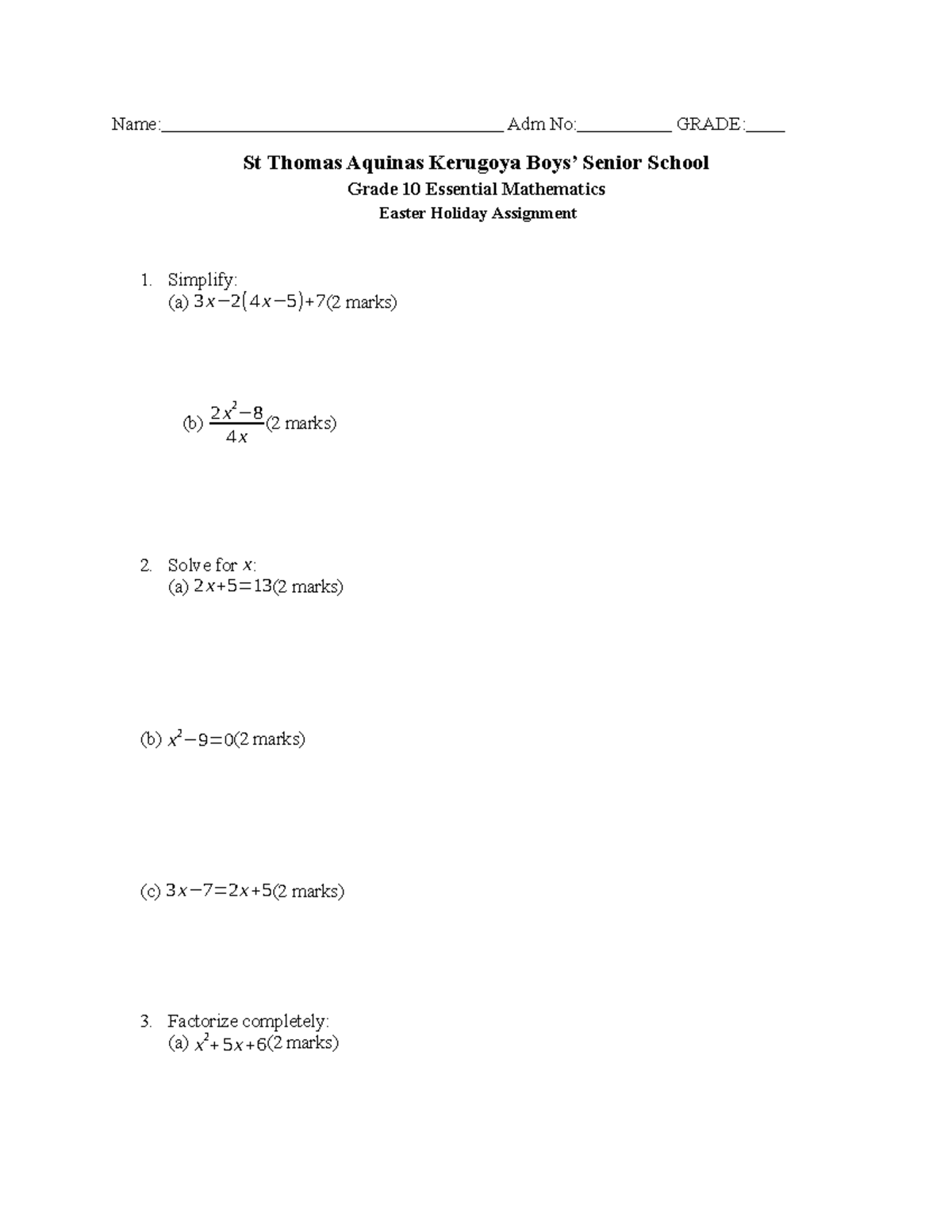 CORE Mathematics G10 Easter Holiday Assignment 1: Essential Tasks - Studocu