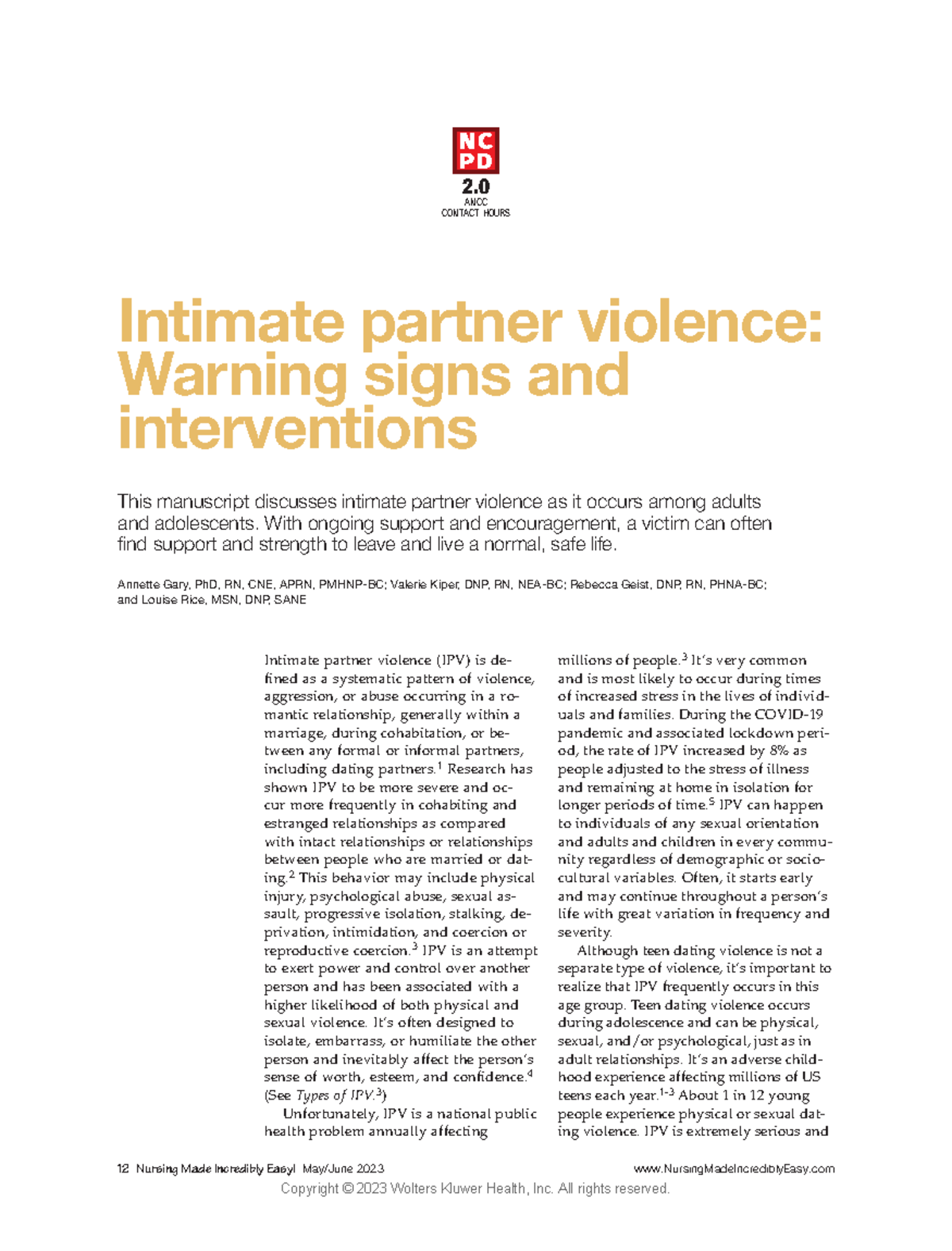 Intimate partner violence Warning signs and interventions - 12 Nursing ...
