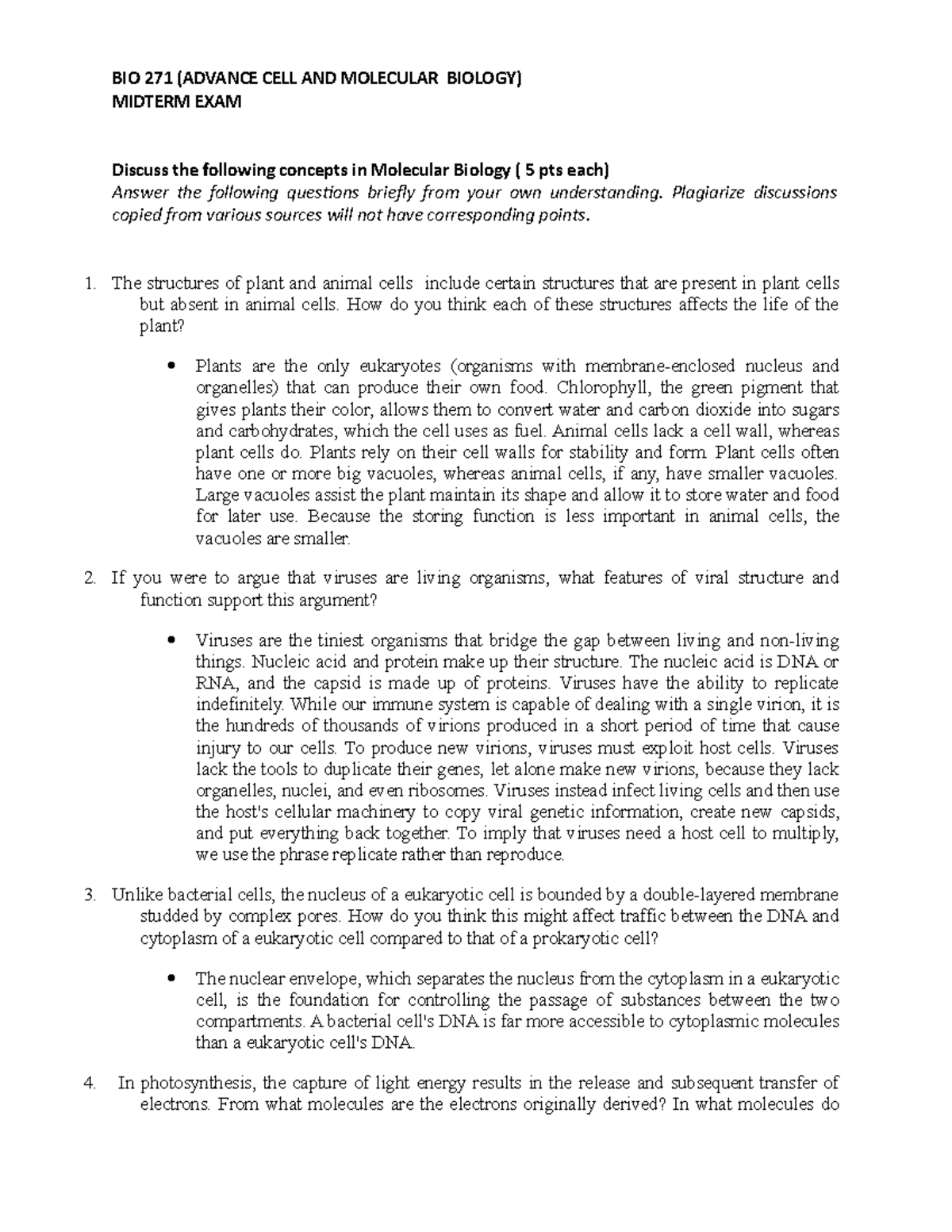 Midterm exam- Cell Mol - BIO 271 (ADVANCE CELL AND MOLECULAR BIOLOGY ...