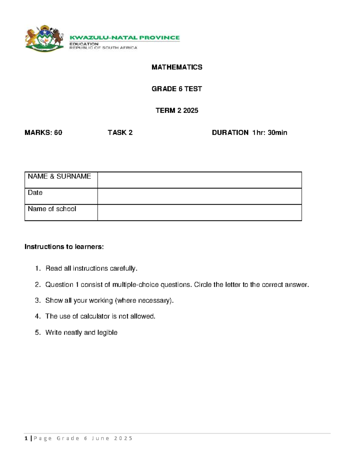 Grade 6 MATHEMATICS TERM 2 TEST - June 2025 - Studocu