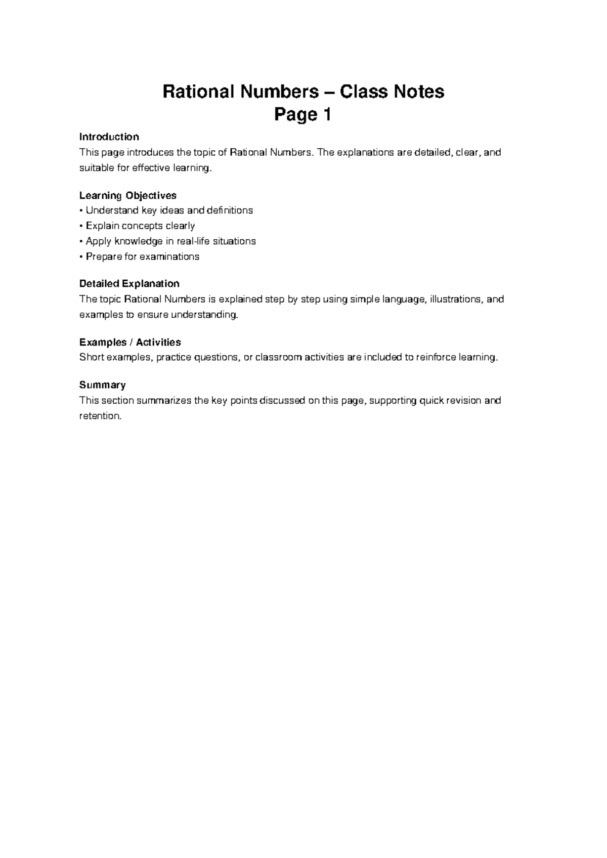 Rational Numbers Class Notes (Pages 1-5) for Effective Learning - Studocu