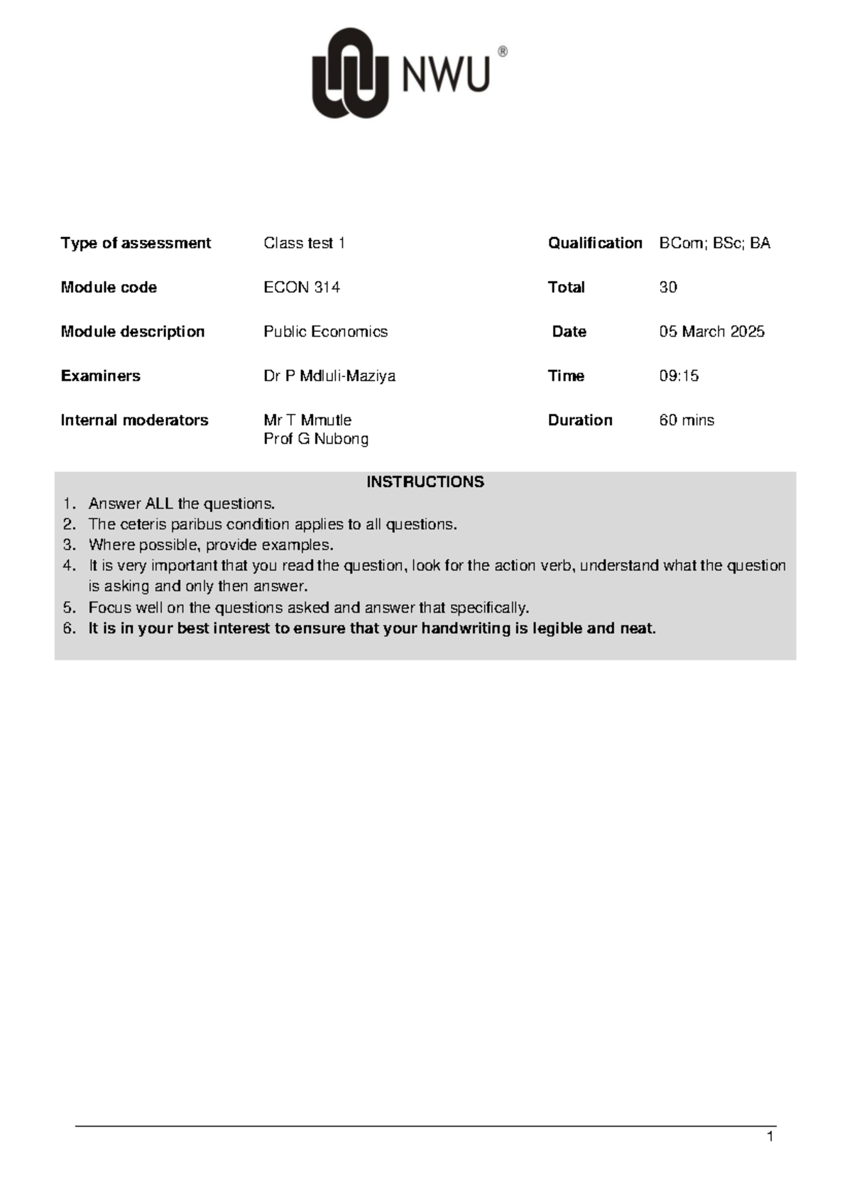 ECON 314 Class Test 1 Memo: Public Economics Assessment Guide - Studocu