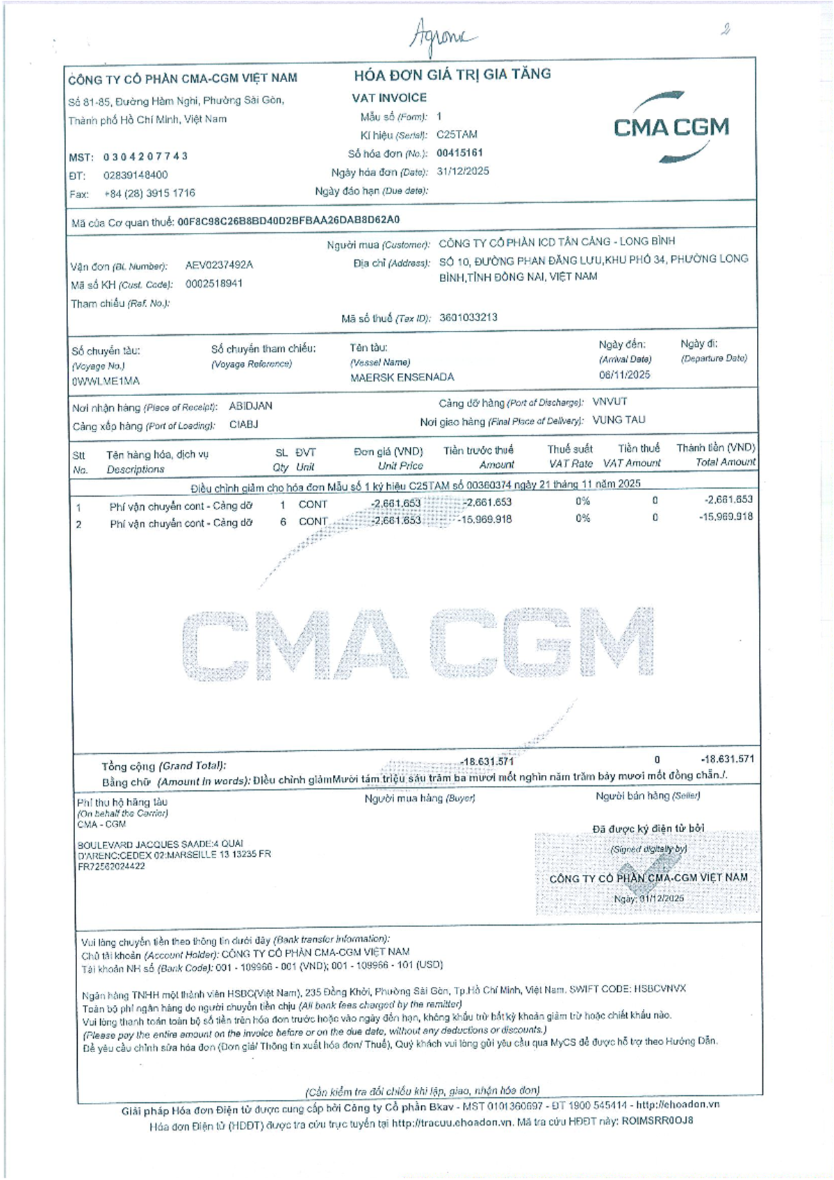 CMA-CGM Invoice No. 00415161 for Bill AEV0237492 - Studocu