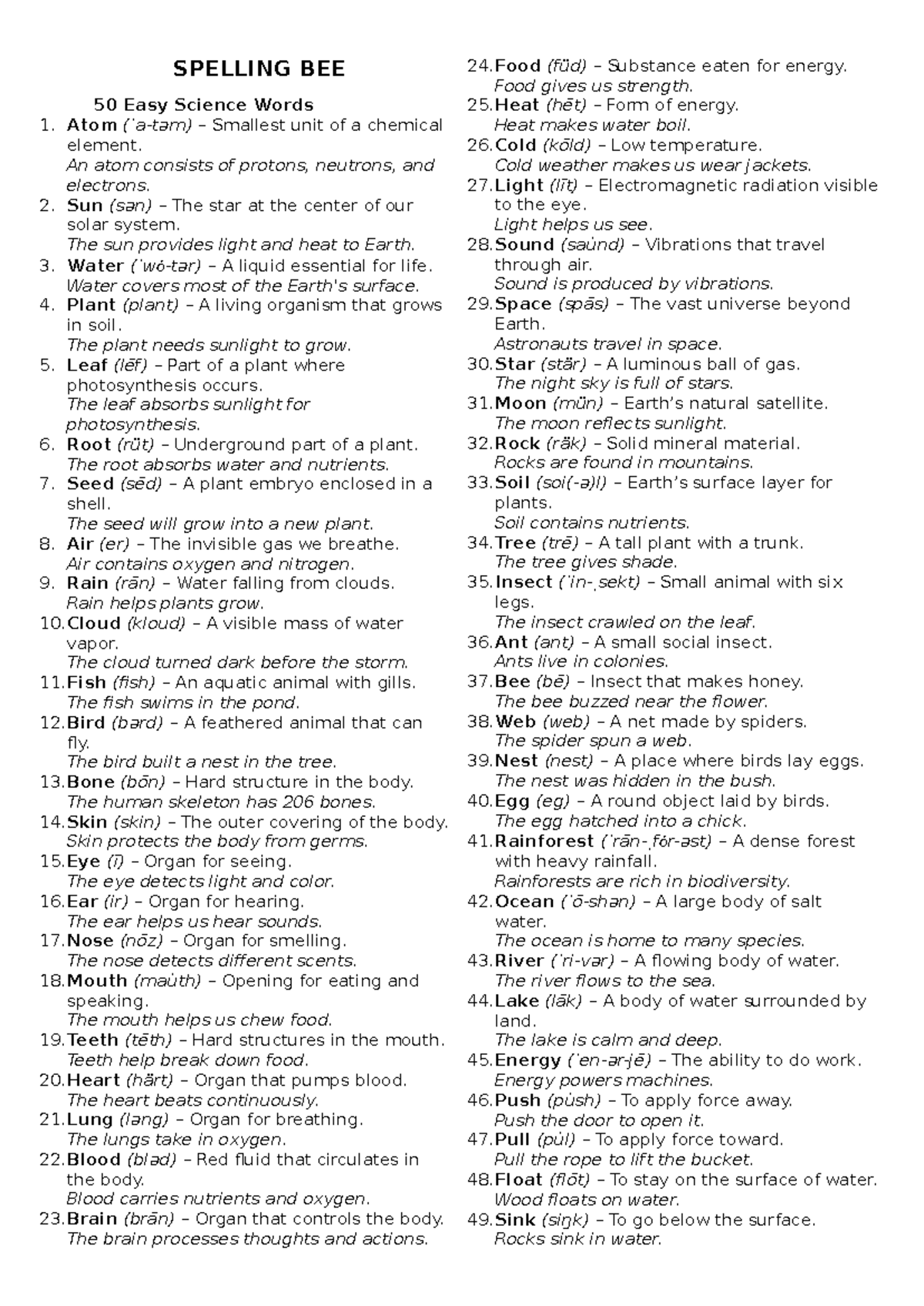 Spelling Bee: 150 Essential Science Words for Students - Studocu