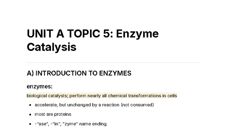 UNIT A Topic 5: Enzyme Catalysis Overview and Mechanisms - Studocu