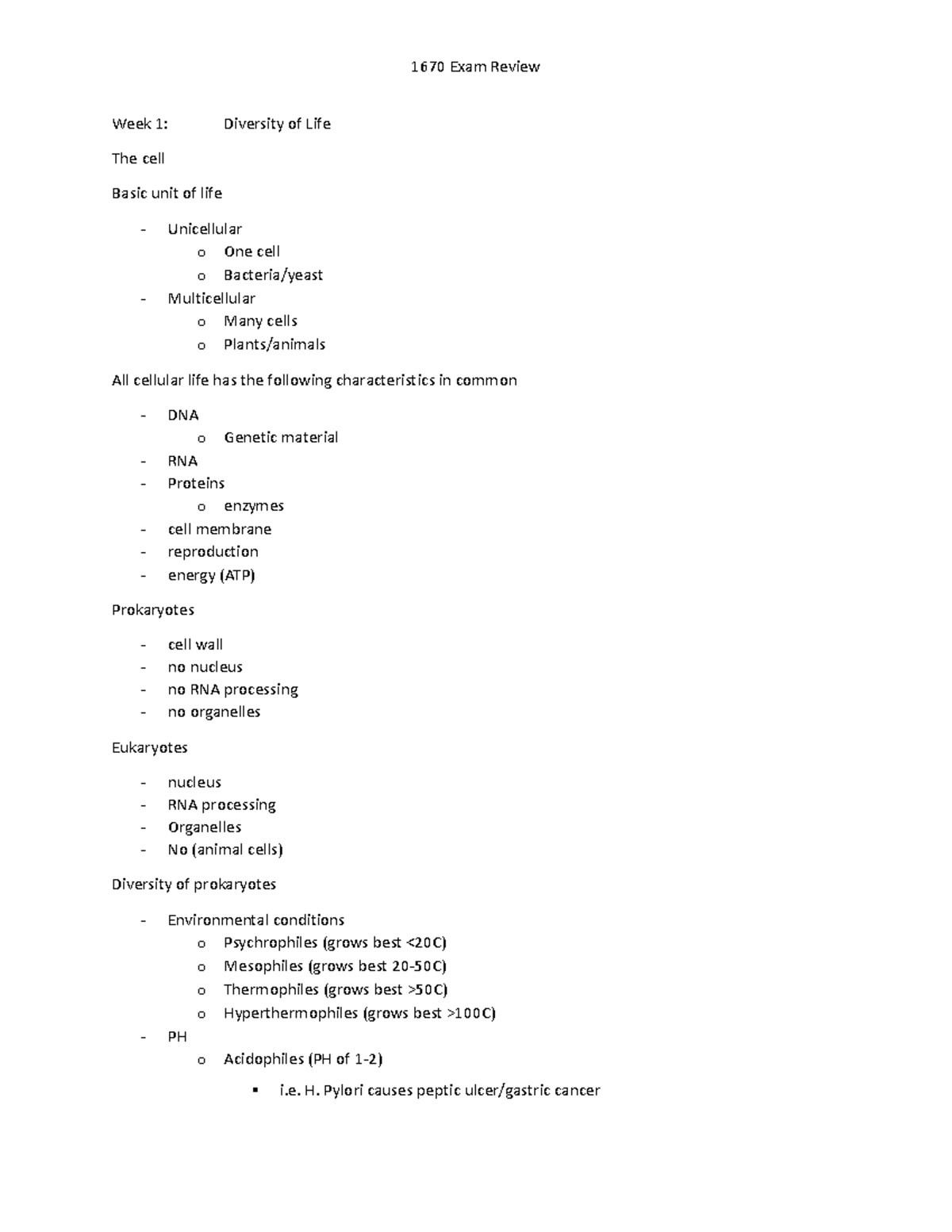 BISC 101 Final Exam Review: Diversity of Life and Cellular Biology ...