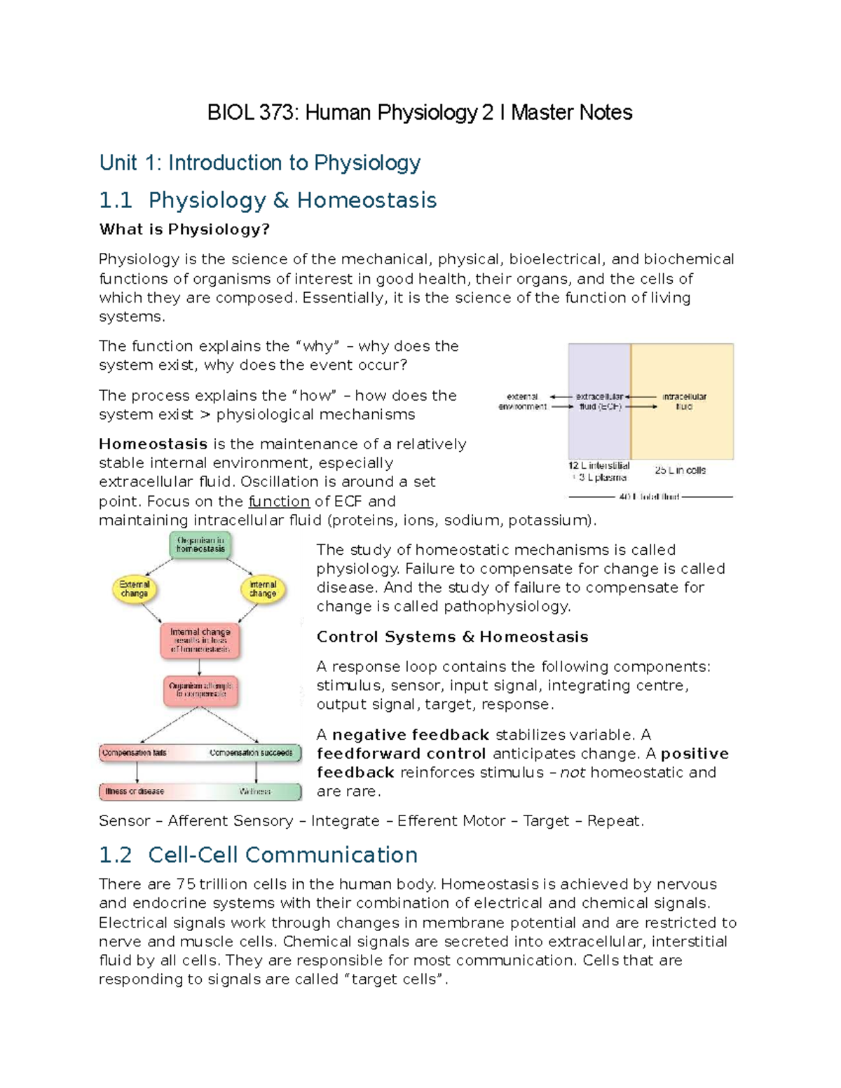 BIOL 373: Human Physiology 2 - Unit 1 Master Notes on Homeostasis - Studocu