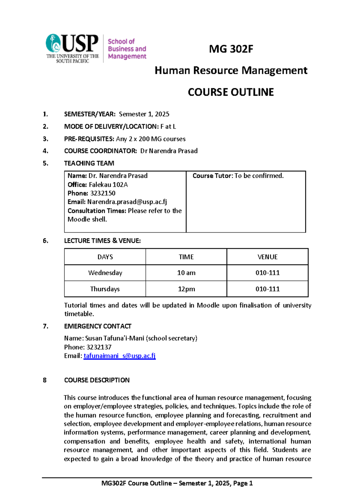 MG302 F Human Resource Management Course Outline S1 2025 - Studocu