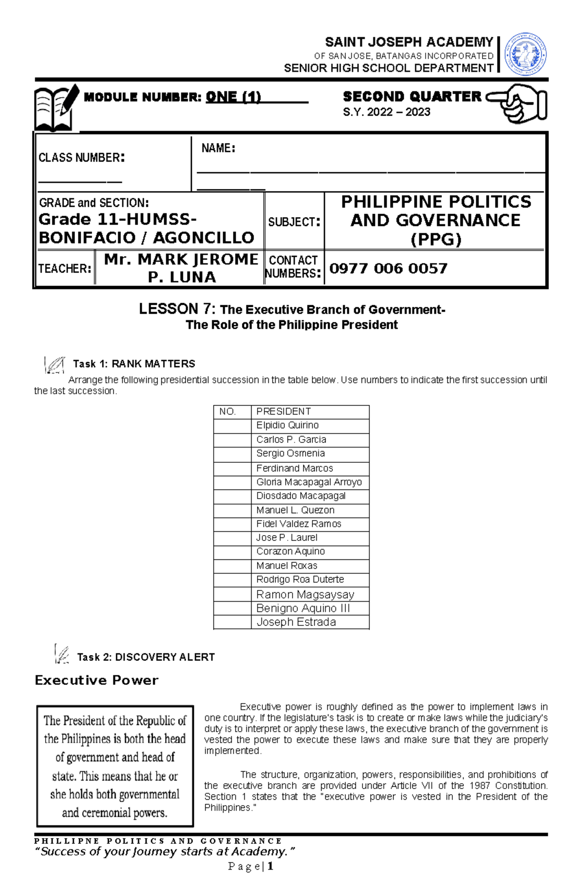 PPG 2 Module 1: Understanding the Executive Branch - Grade 11 HUMSS ...