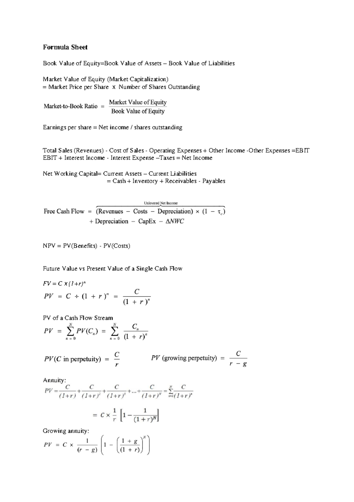Financial Formula Sheet: Key Equations for Equity & Risk Analysis ...