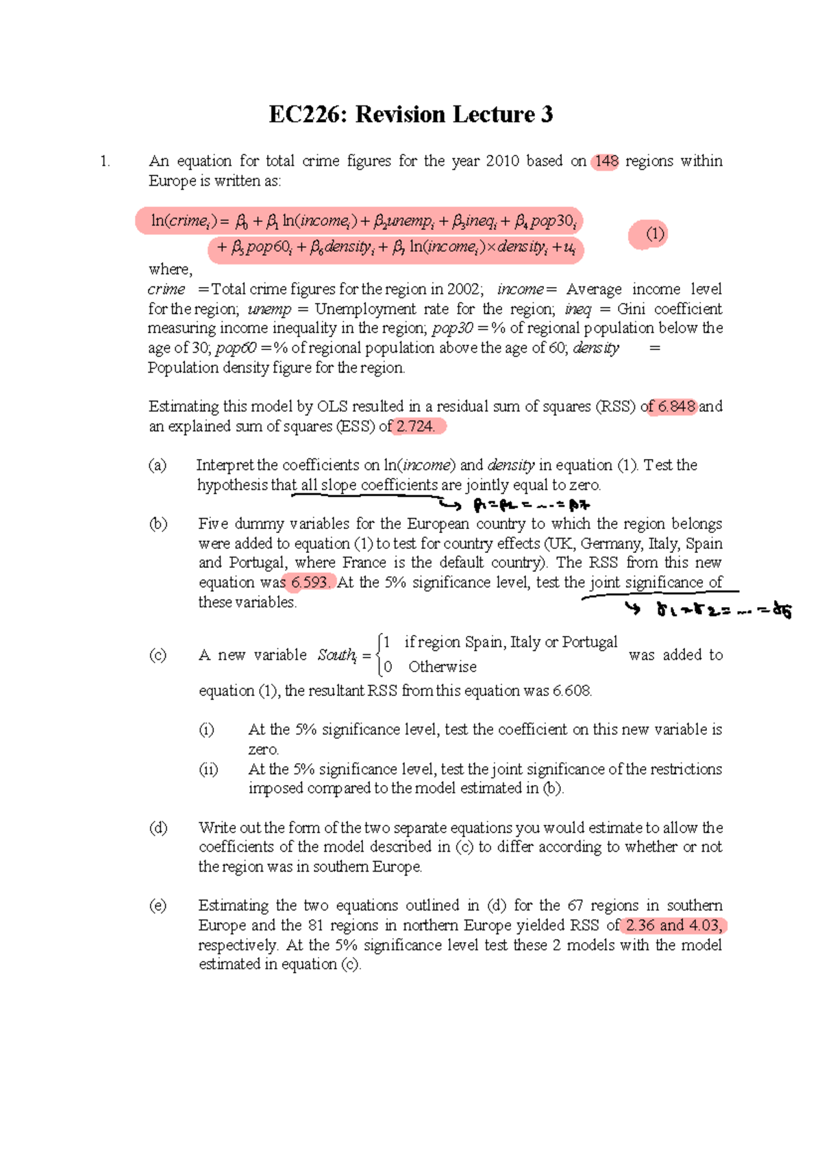 Revision lecture Term 1 - EC226: Revision Lecture 3 An equation for ...
