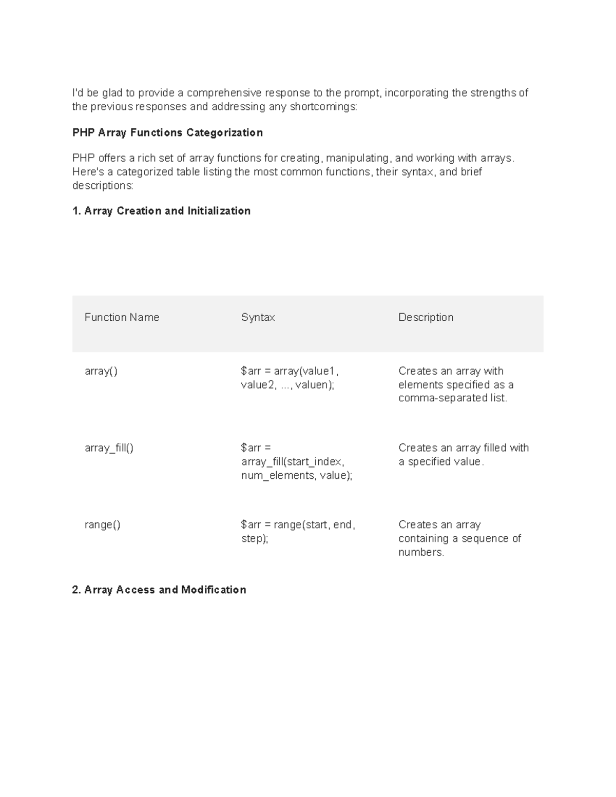 Categorise array functions in php give syntax of - I'd be glad to ...