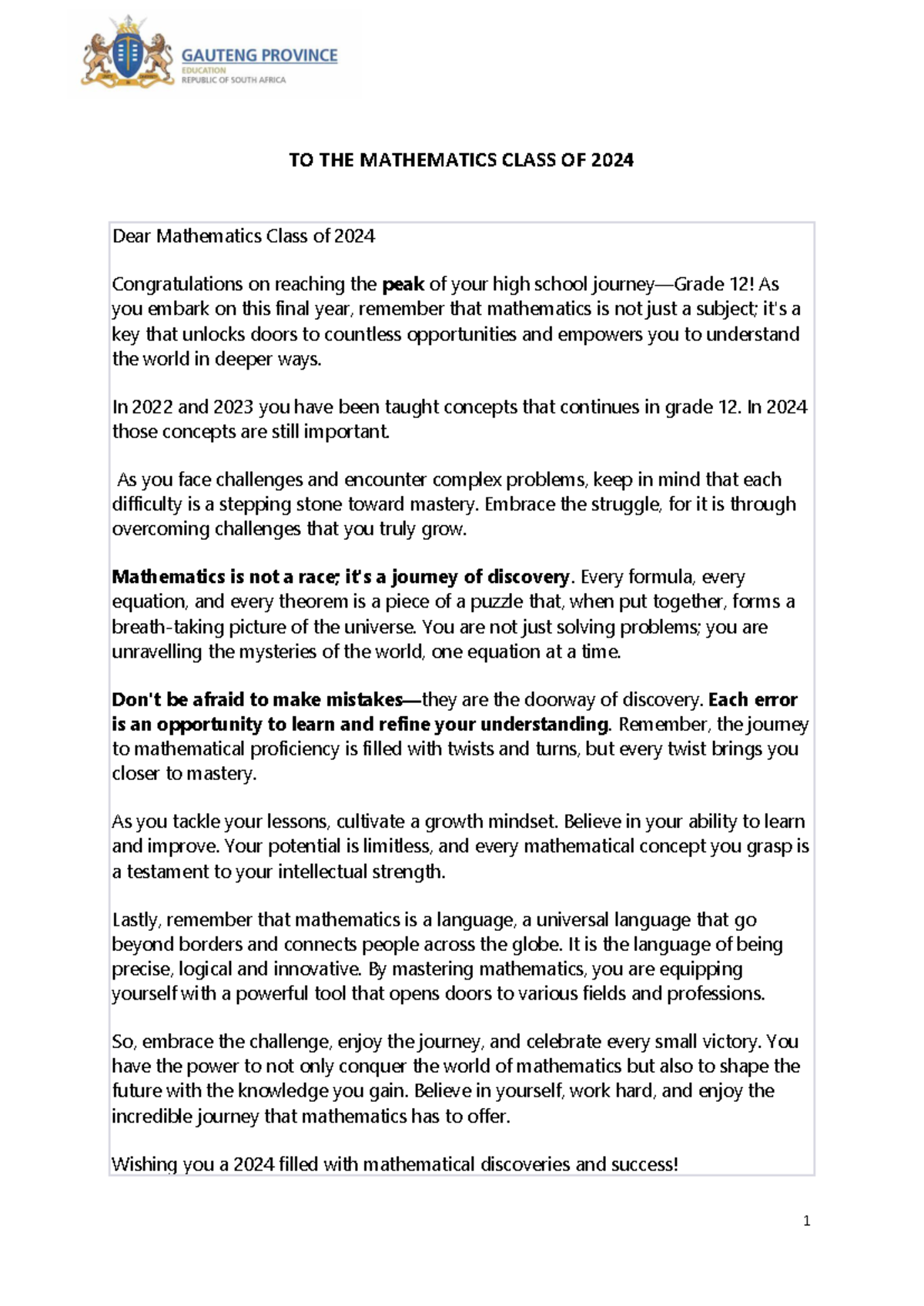 Grade 12 Math Class 2024: Holiday Plan & Encouragement Message - Studocu