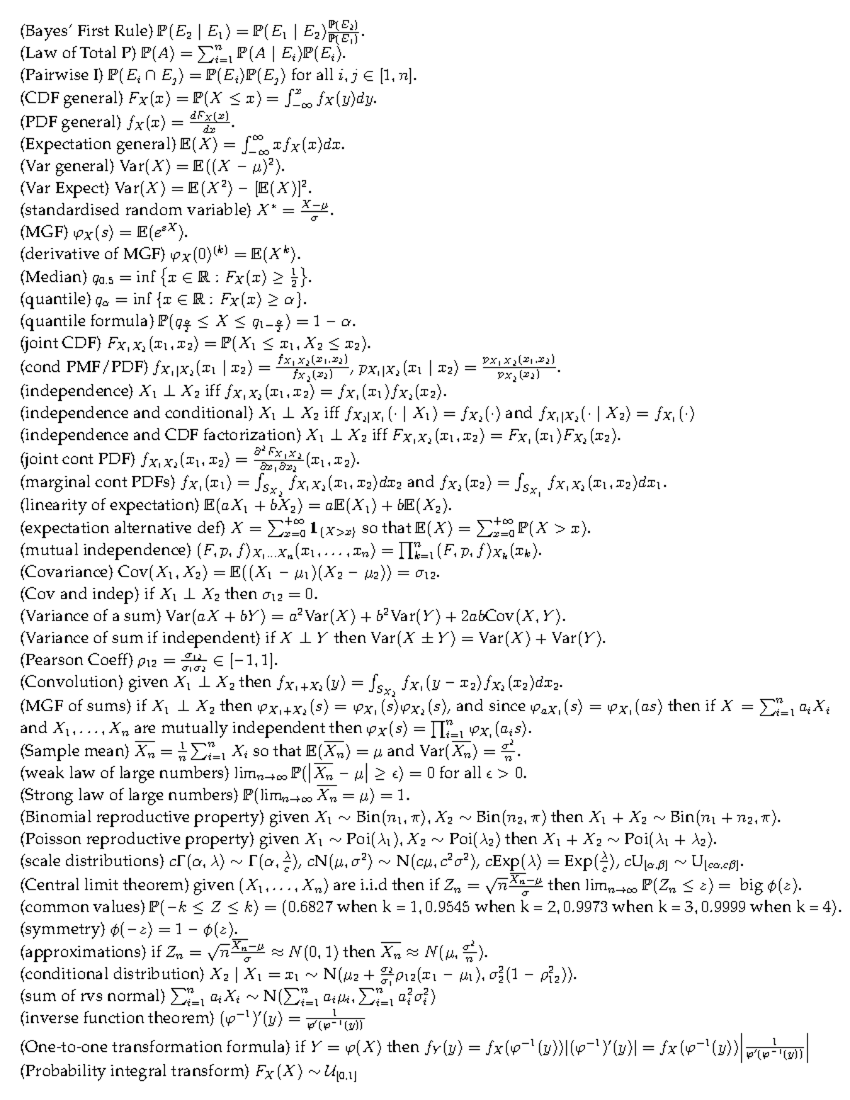MATH2901 Final Exam Notes on Probability and Statistics Concepts - Studocu