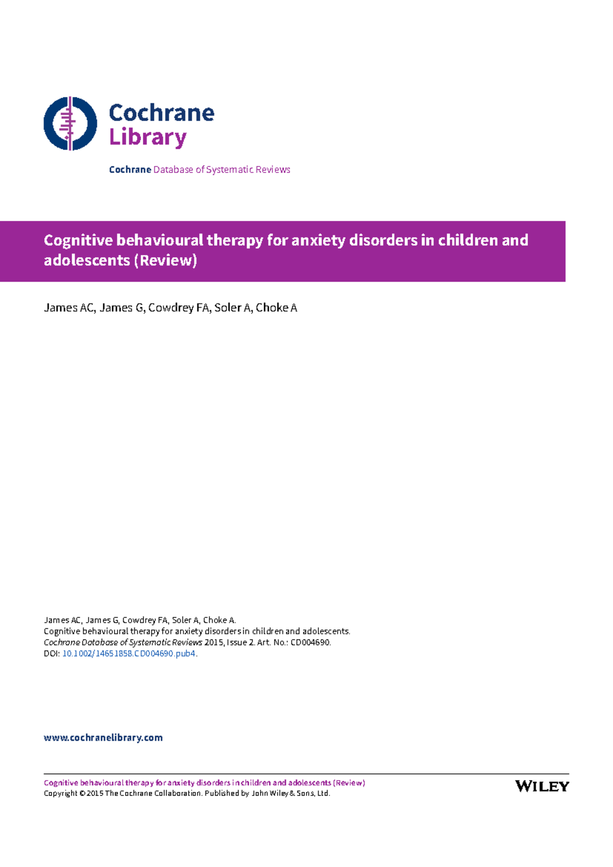 Cognitive Behavioural Therapy for Anxiety Disorders in Children and ...