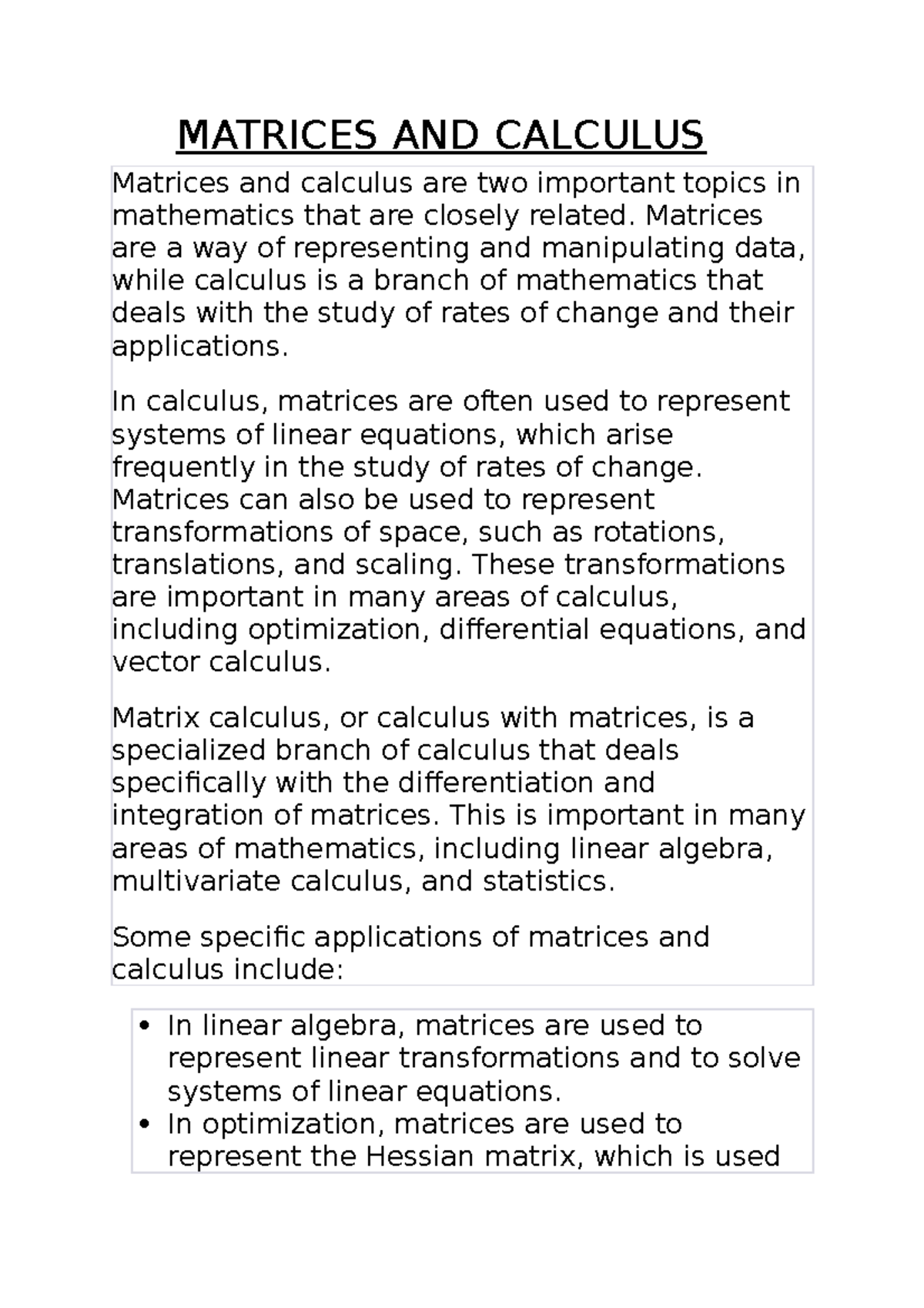 Matrices & Calculus: Key Concepts & Applications in Math - Studocu