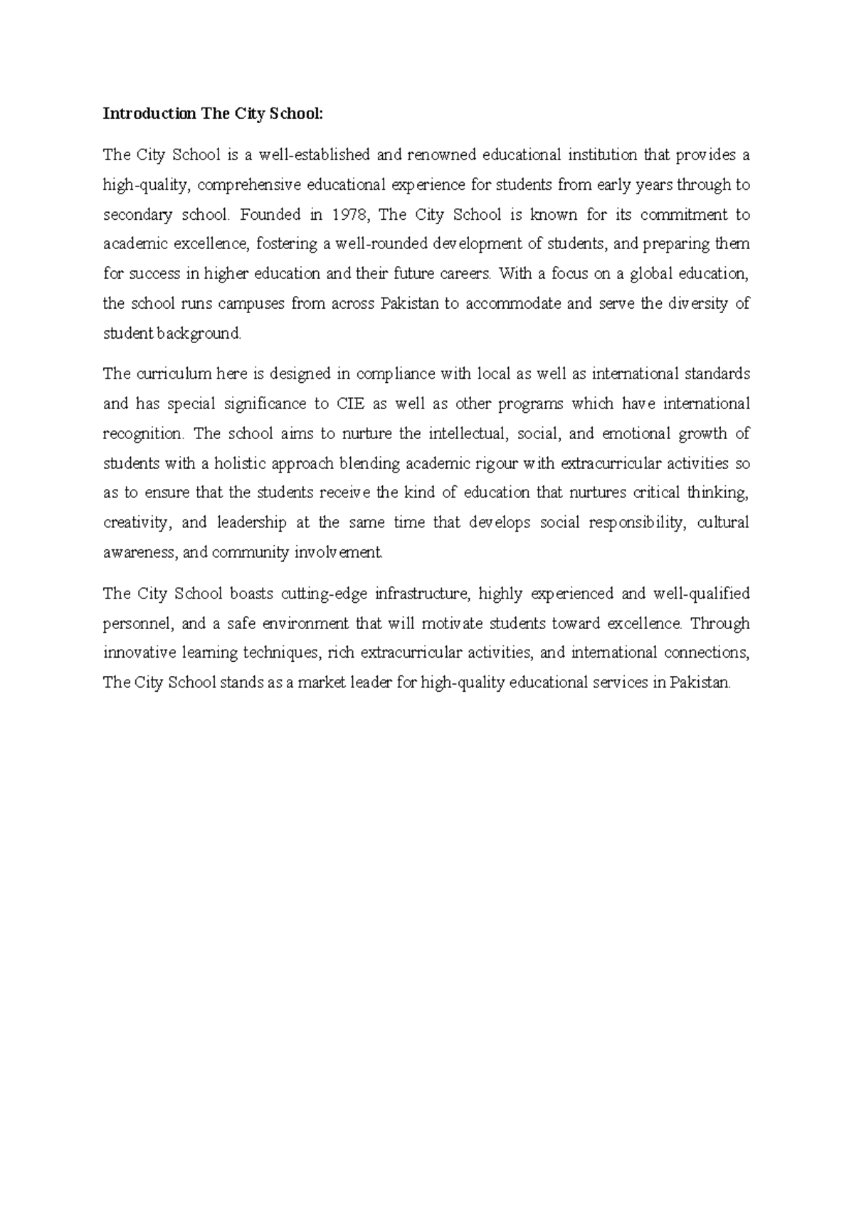 POM Introduction: Comprehensive Overview of The City School - Studocu