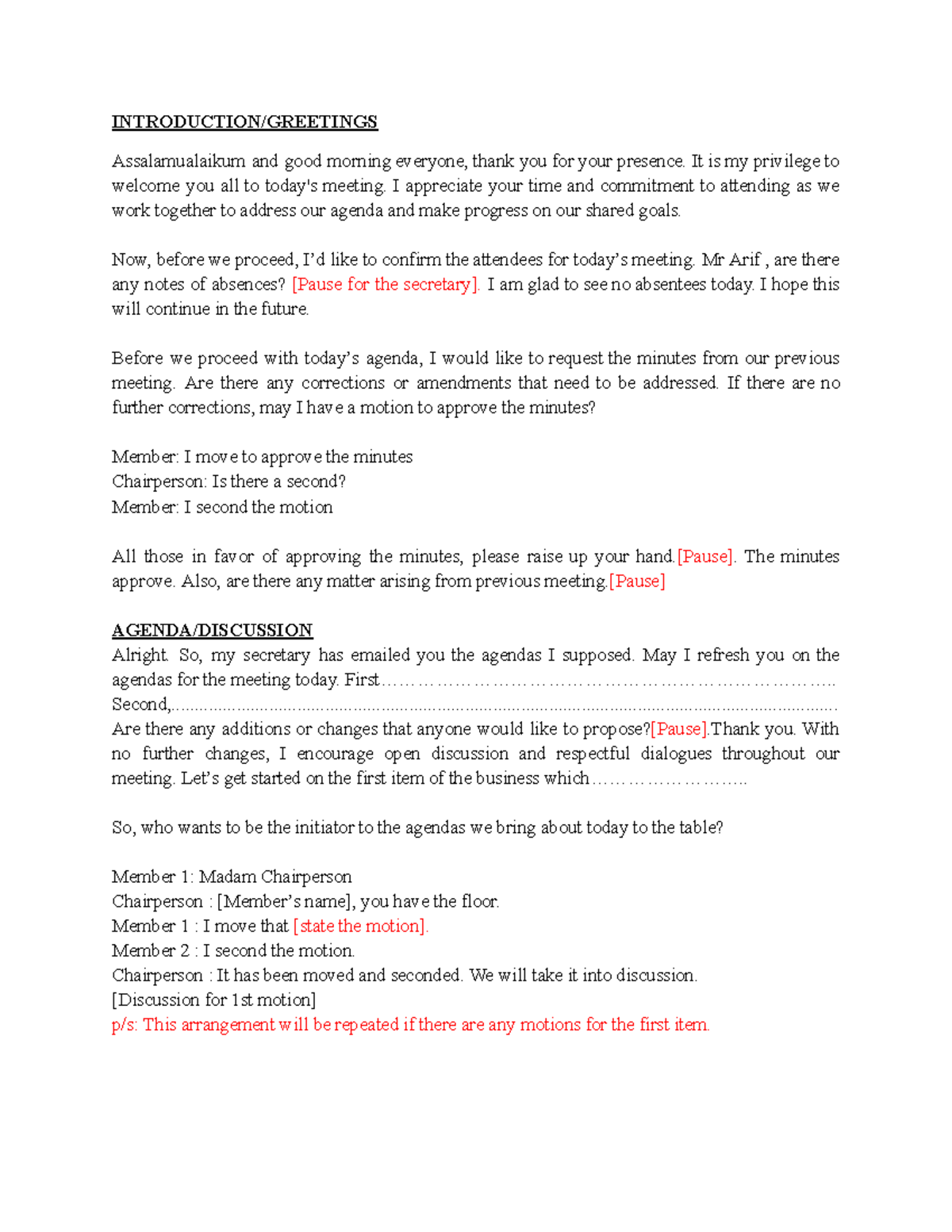 Formal Meeting Script: Guidelines and Agenda for Effective Discussion ...