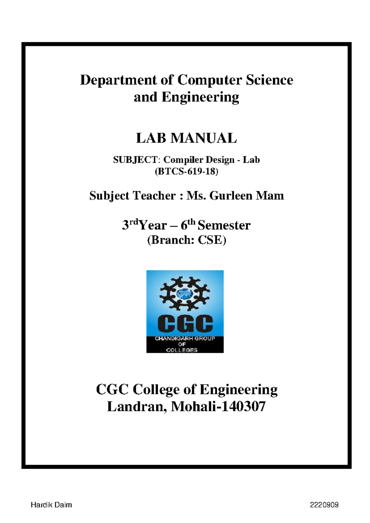 Compiler Design LAB unedited - Department of Computer Science and ...