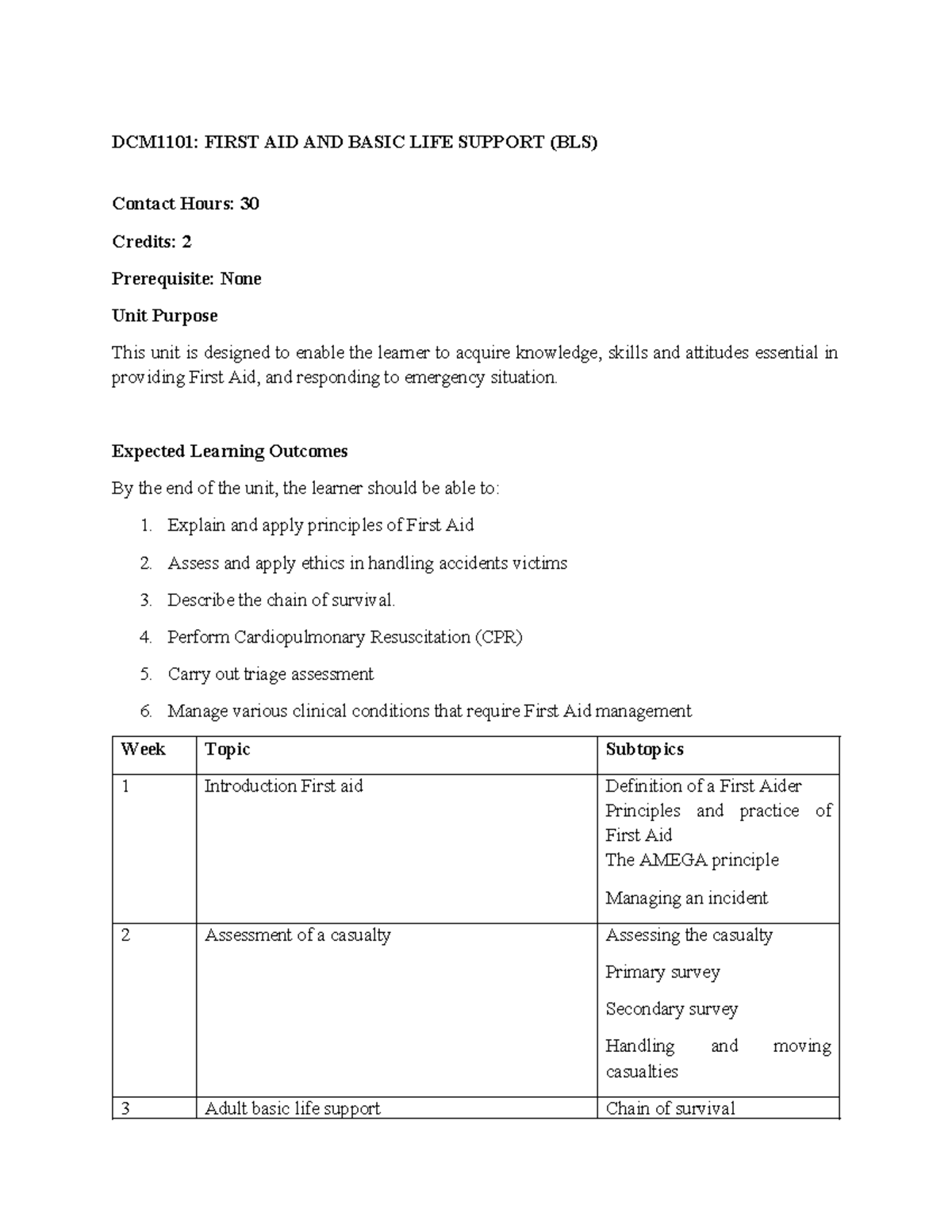 DCM1101: First Aid and Basic Life Support Course Outline - Studocu