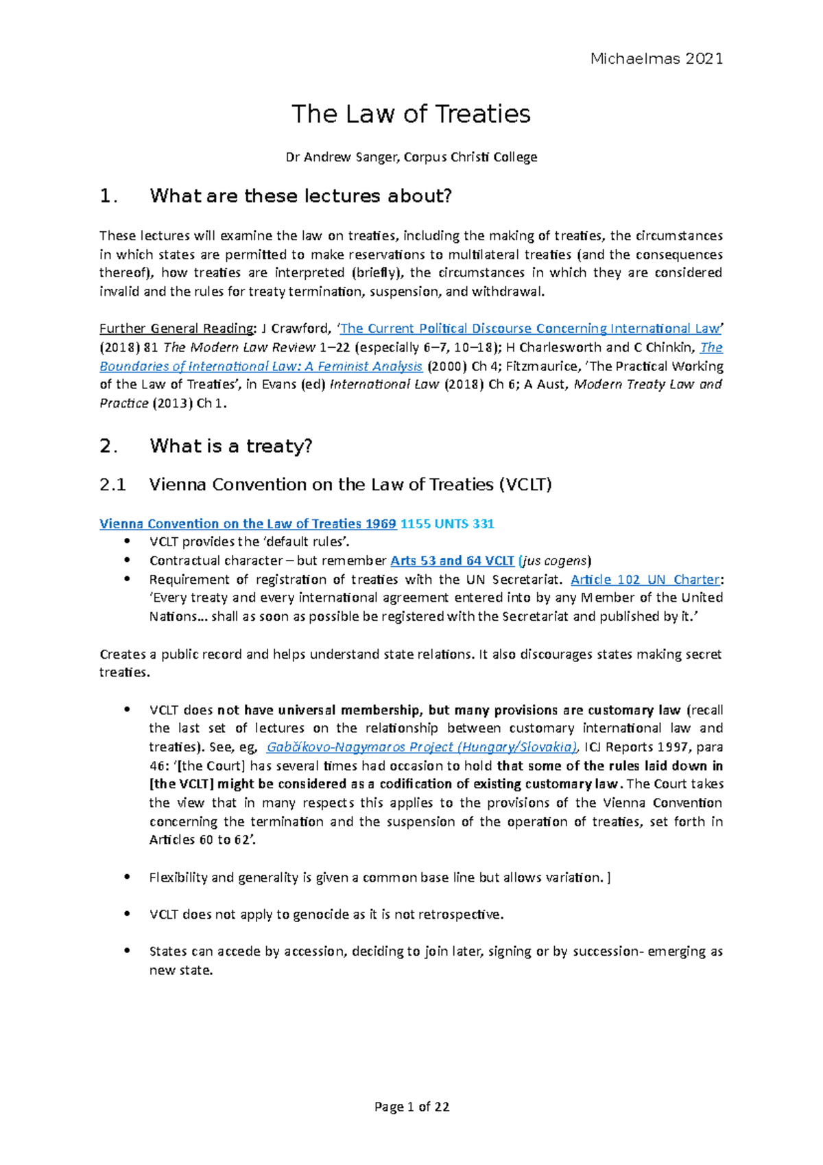 ILL7 Law of Treaties - Comprehensive Lecture Notes Overview - Studocu