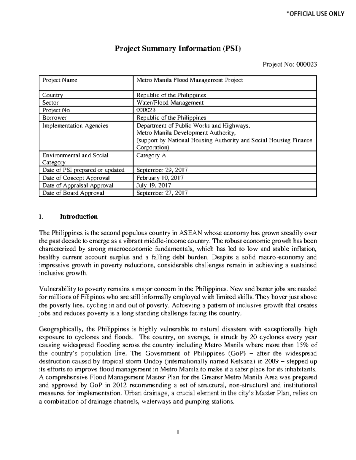 PSI Project Summary: Metro Manila Flood Management Project - Studocu