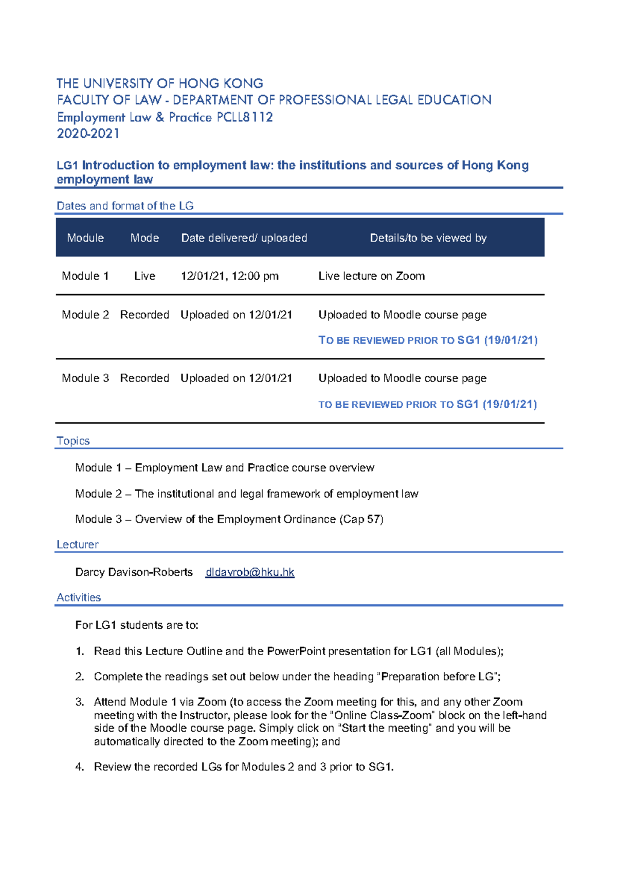 PCLL8112 LG1: Intro to Employment Law - Course Overview & Modules - Studocu