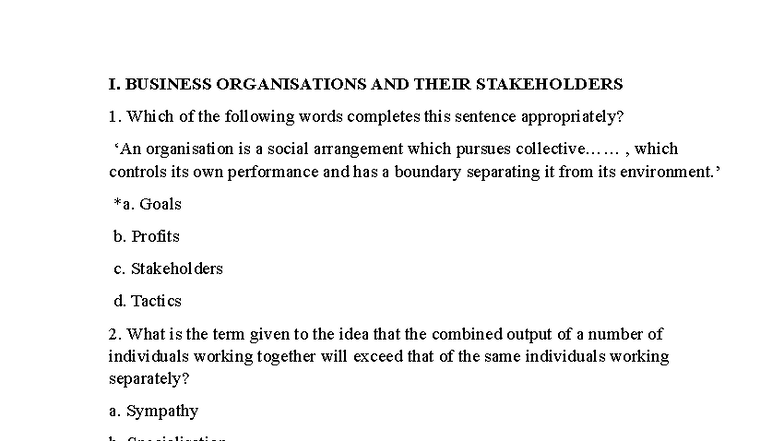Business Organisations & Stakeholders: Key Concepts & Questions (BUS101 ...
