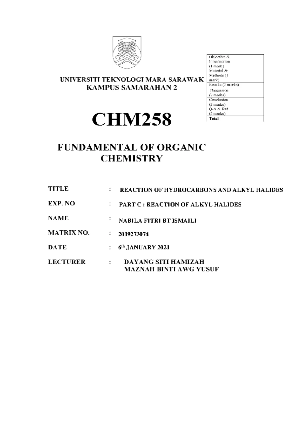 Lab report chm 412 experiment 2 - CHM 412 LAB REPORT NAME: MUHAMMAD ...