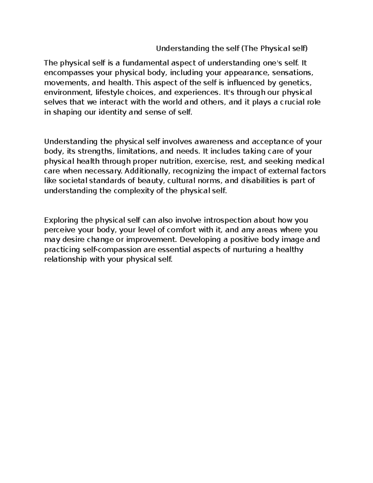 Understanding the Physical Self: A Guide to Self-Acceptance - Studocu